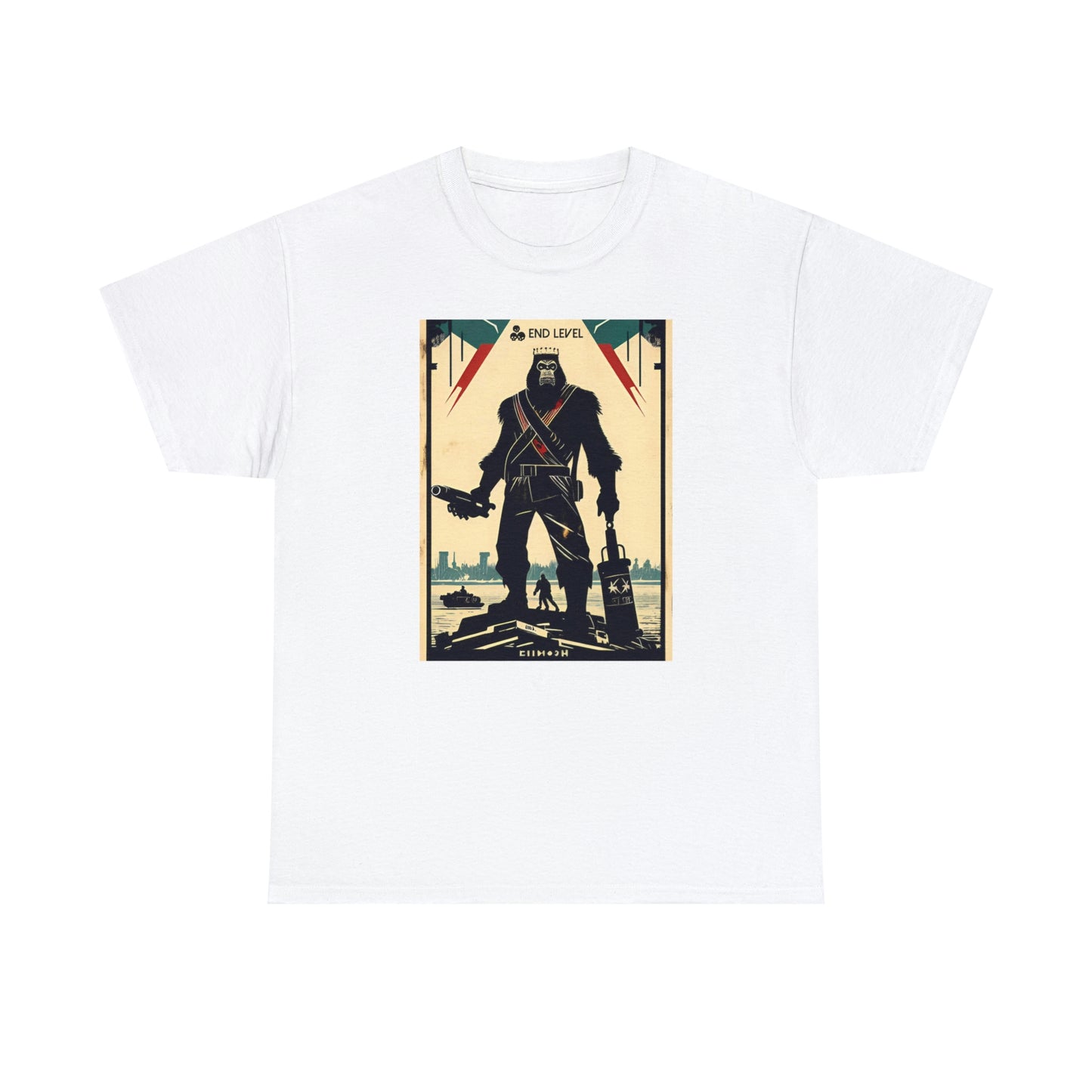 White tee with Ape-Man graphic design.