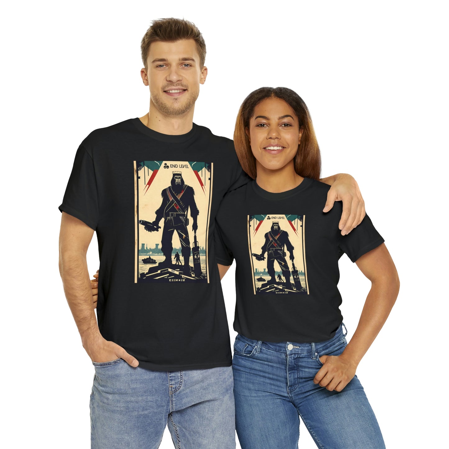 Couple wearing Ape-Man black tee embracing each other.