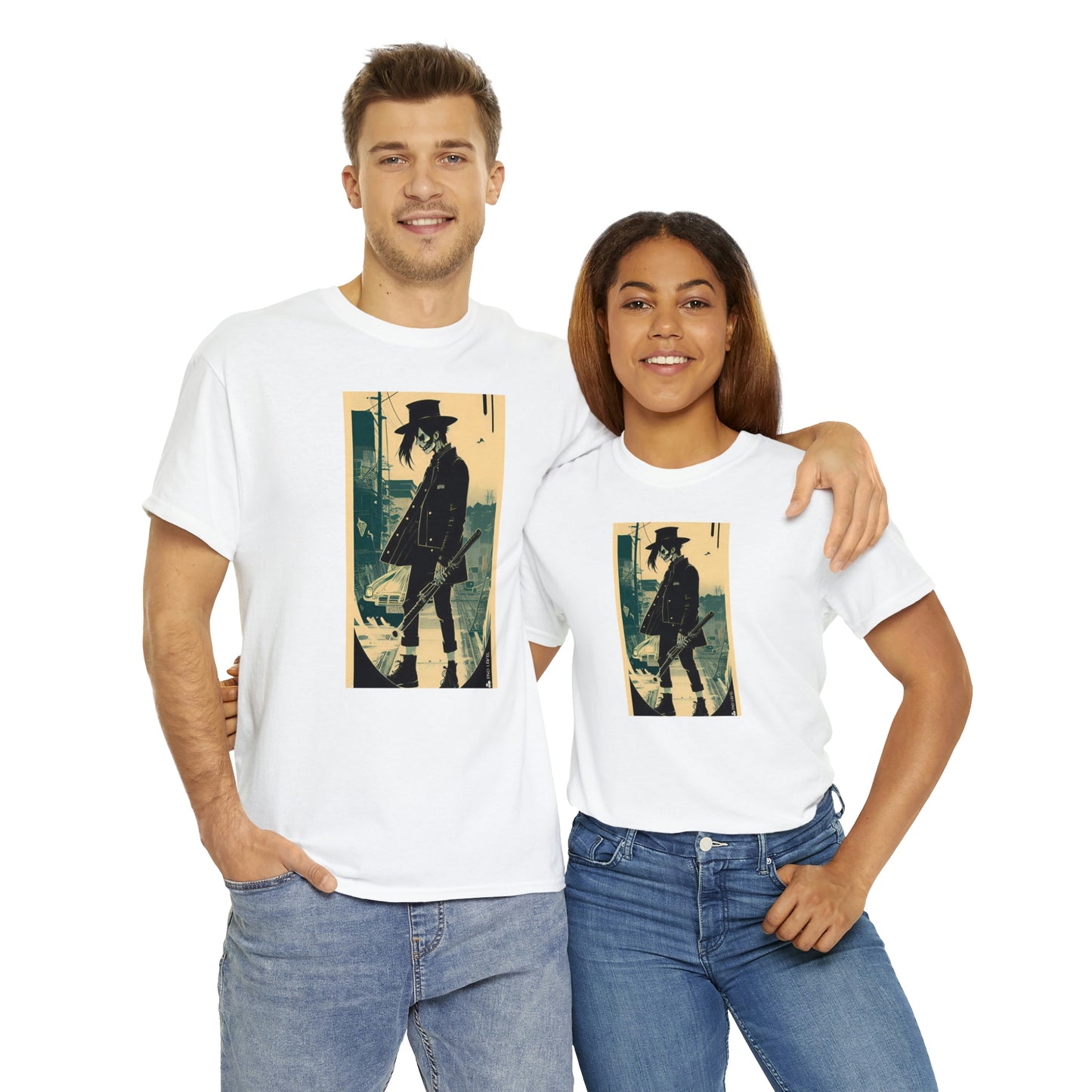 Couple wearing Billy Bassoon design white tee embracing each other.