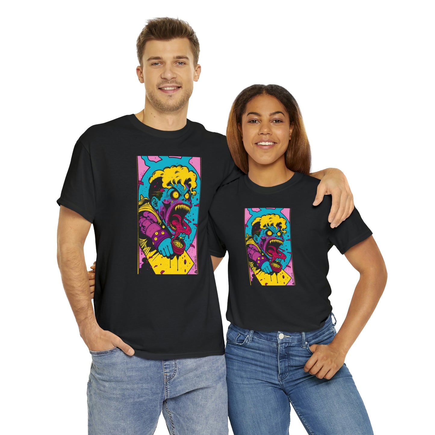Couple wearing black Eat Yo Veggies tee embracing each other.