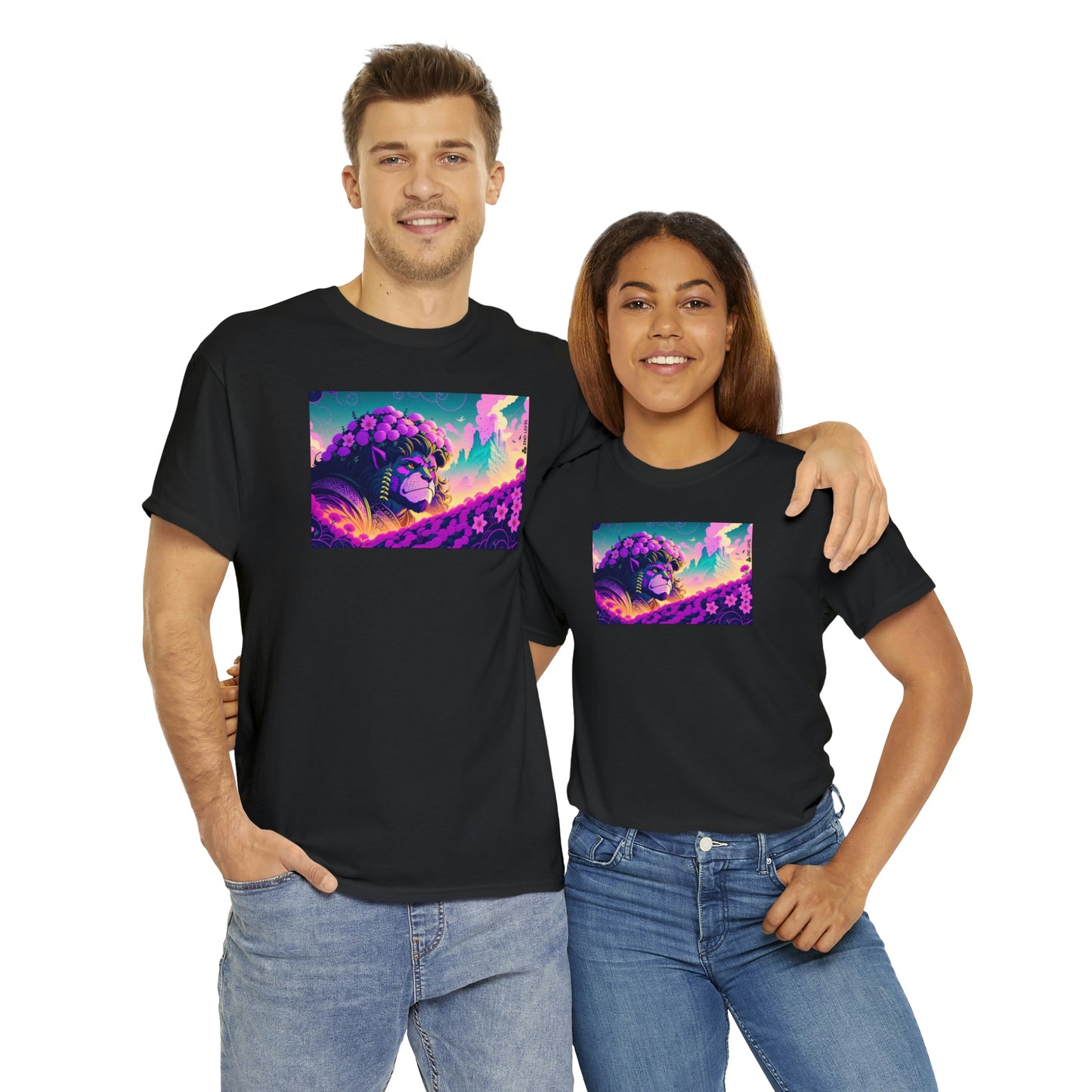 Couple wearing black King Blossom tee embracing each other.