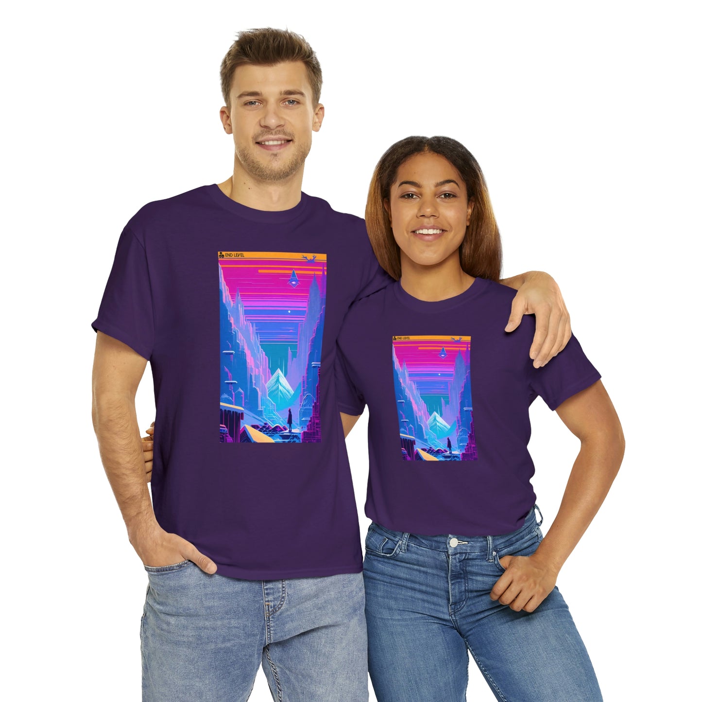 Couple wearing Cosmopolis purple tee embracing each other.