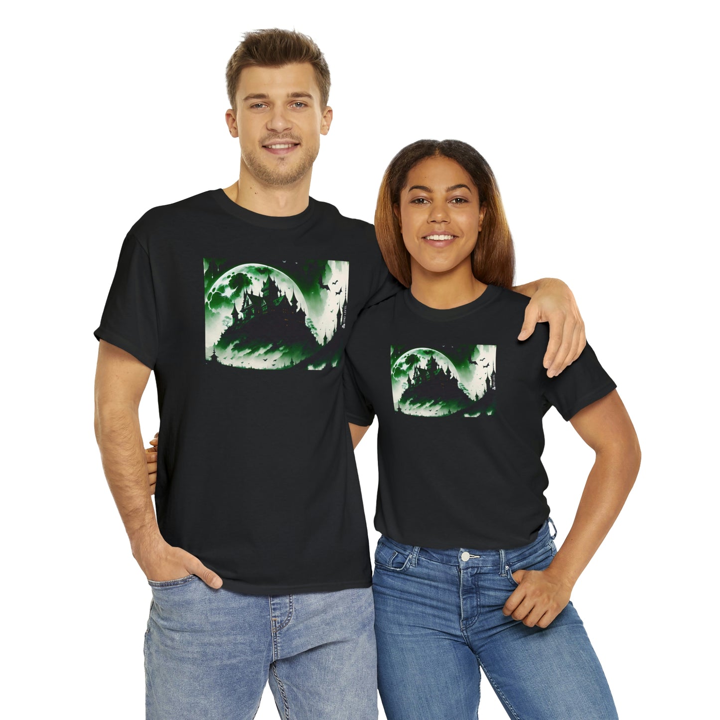 Couple wearing Count's Cliff black tee embracing each other.