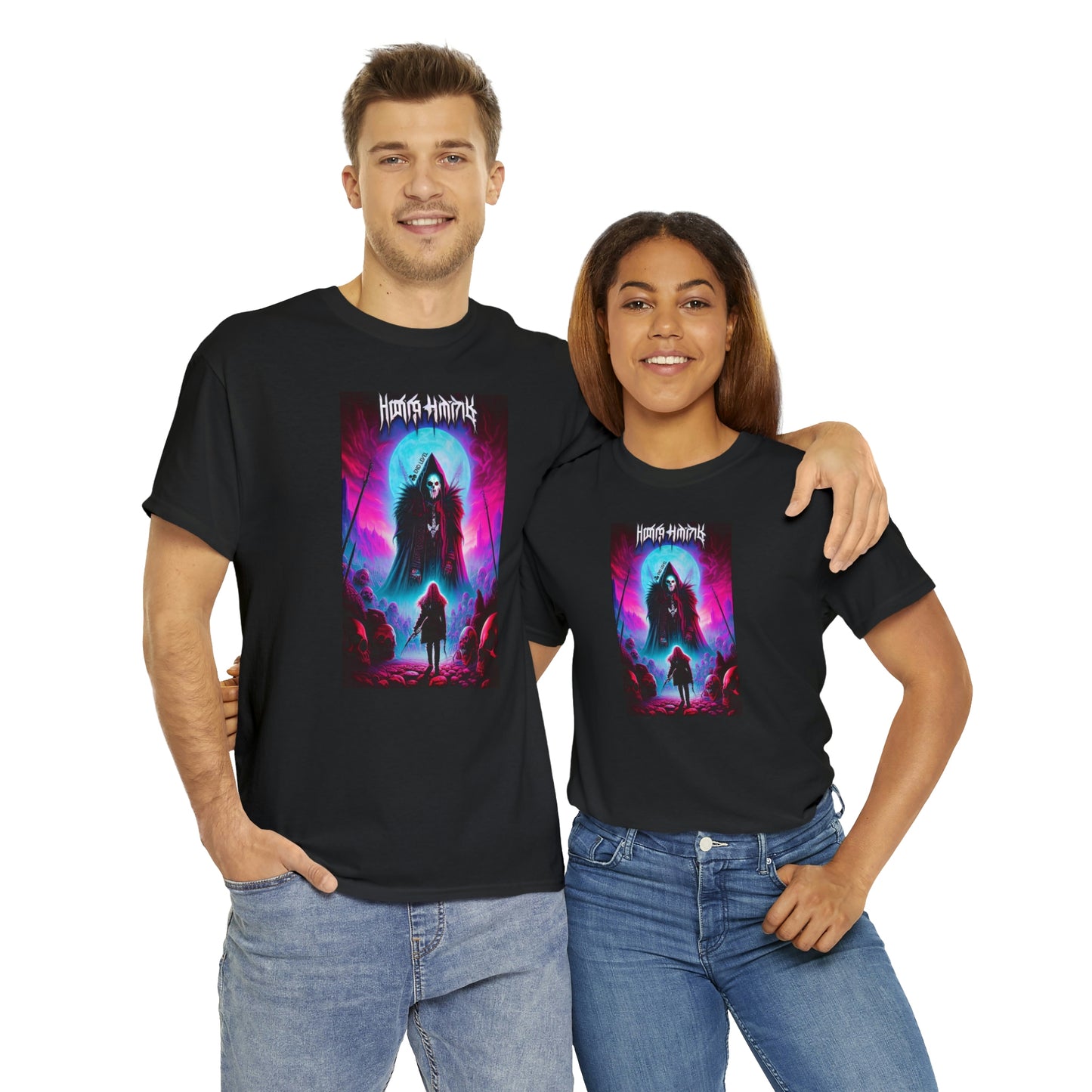 Couple wearing Kul's Realm black tee embracing each other.