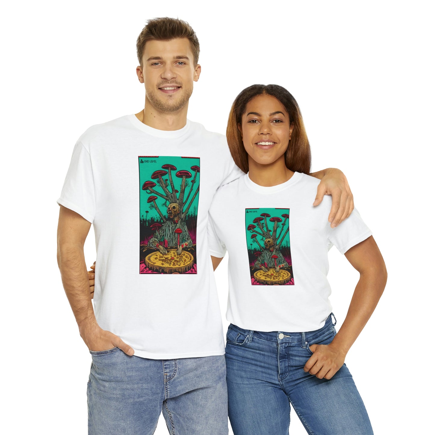 Couple wearing Last Pizza white tee embracing each other.