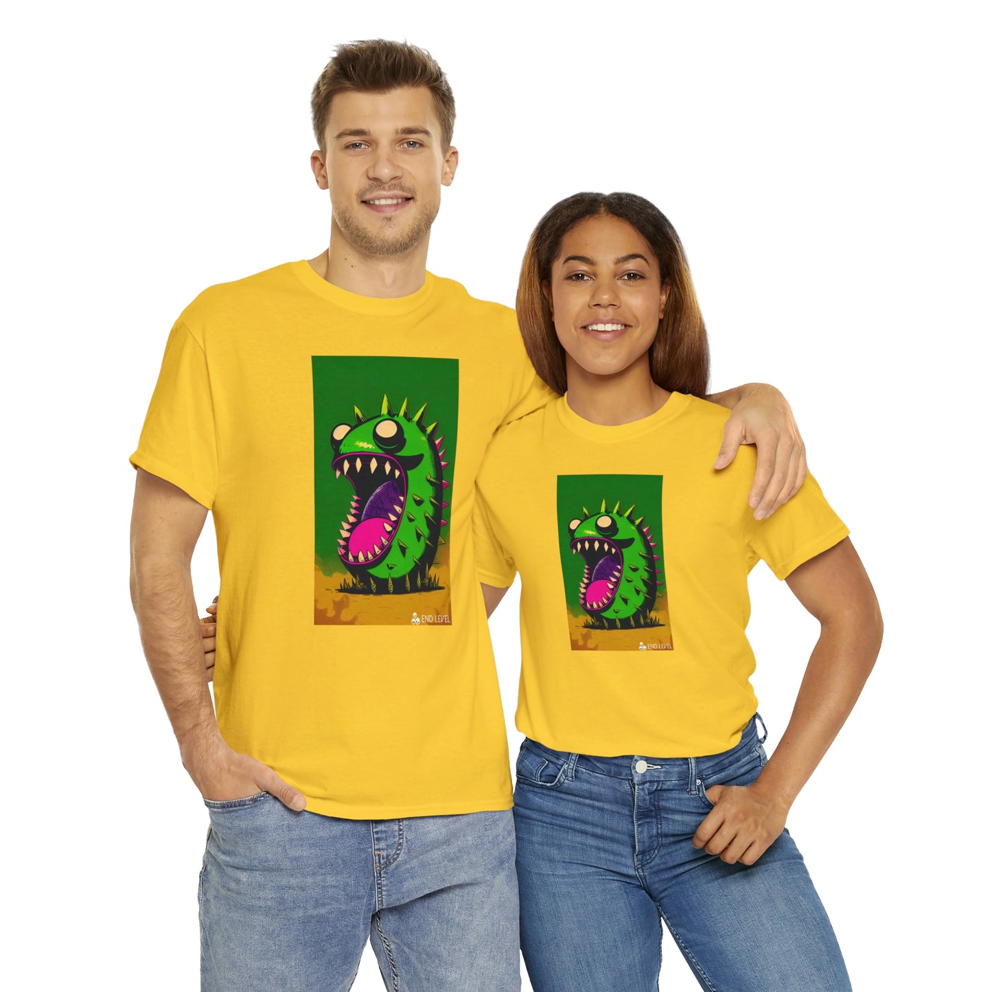 Couple wearing Mighty Zook yellow tee embracing each other.