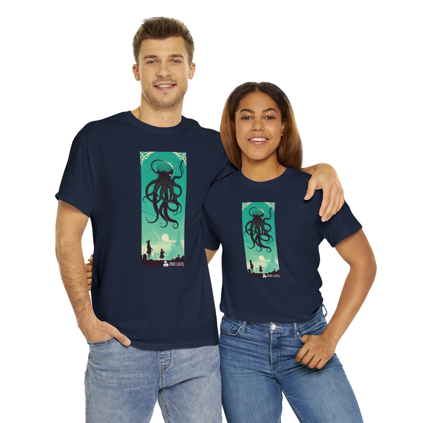 Couple wearing navy Octovoid tee embracing each other.