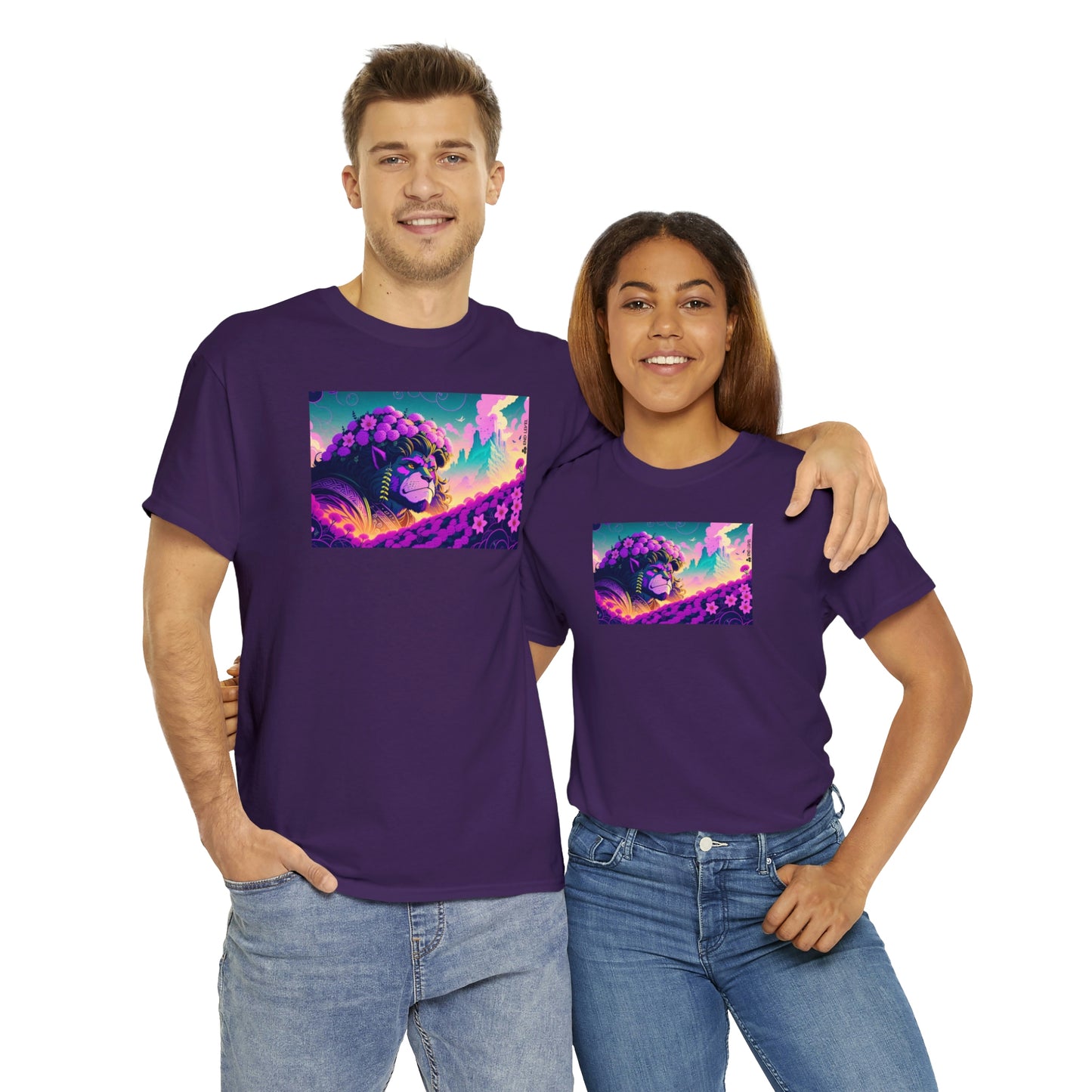 Couple wearing purple King Blossom tee embracing each other.