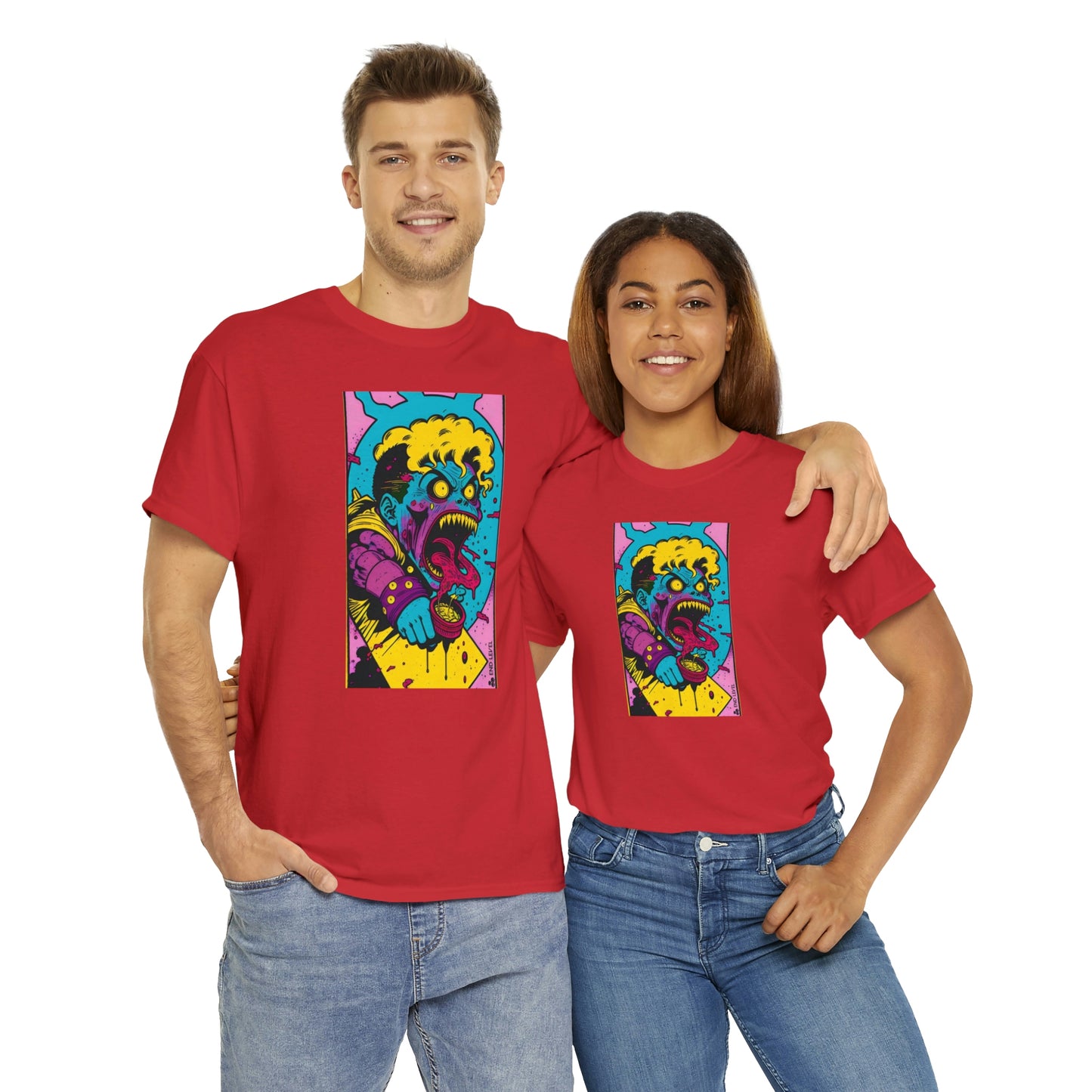 Couple wearing red Eat Yo Veggies tee embracing each other.