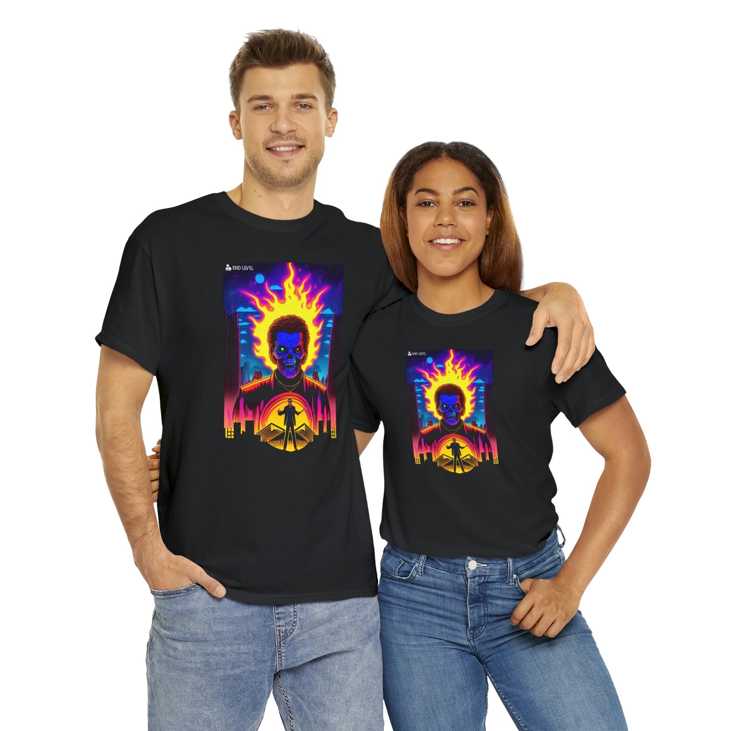 Couple wearing black Rooster Samurai tee embracing each other.