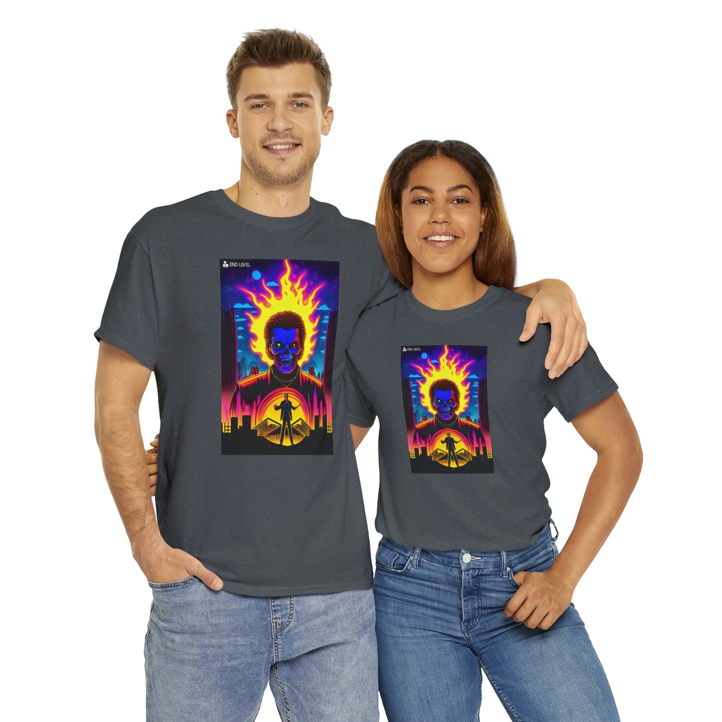 Couple wearing grey Rooster Samurai tee embracing each other.