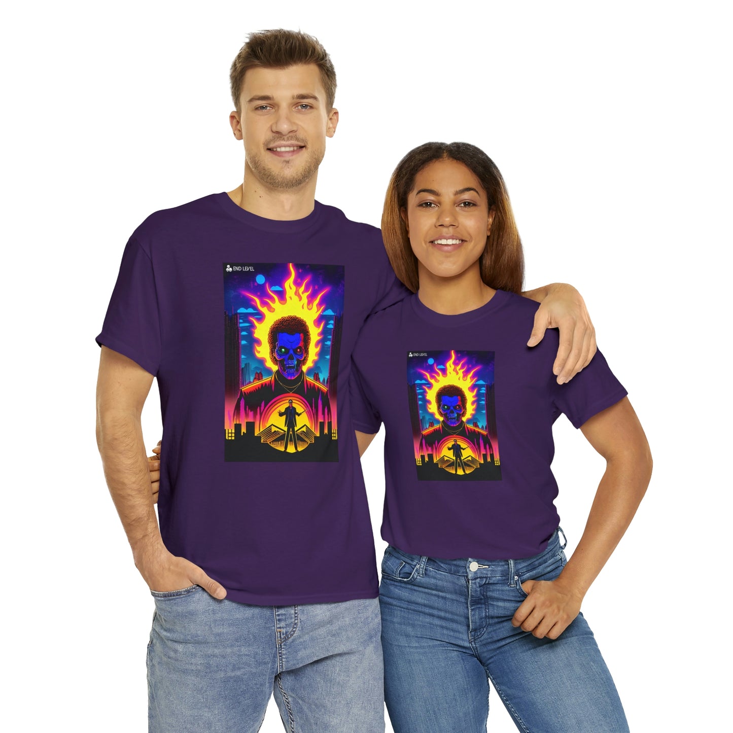 Couple wearing purple Rooster Samurai tee embracing each other.