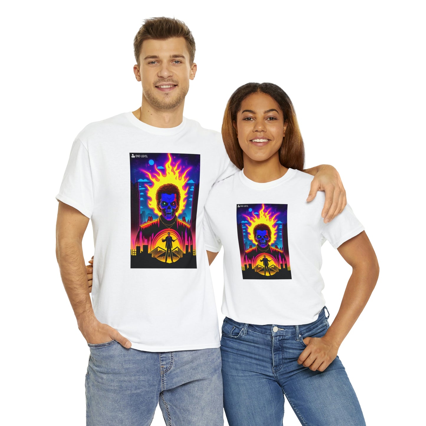 Couple wearing white Rooster Samurai tee embracing each other.