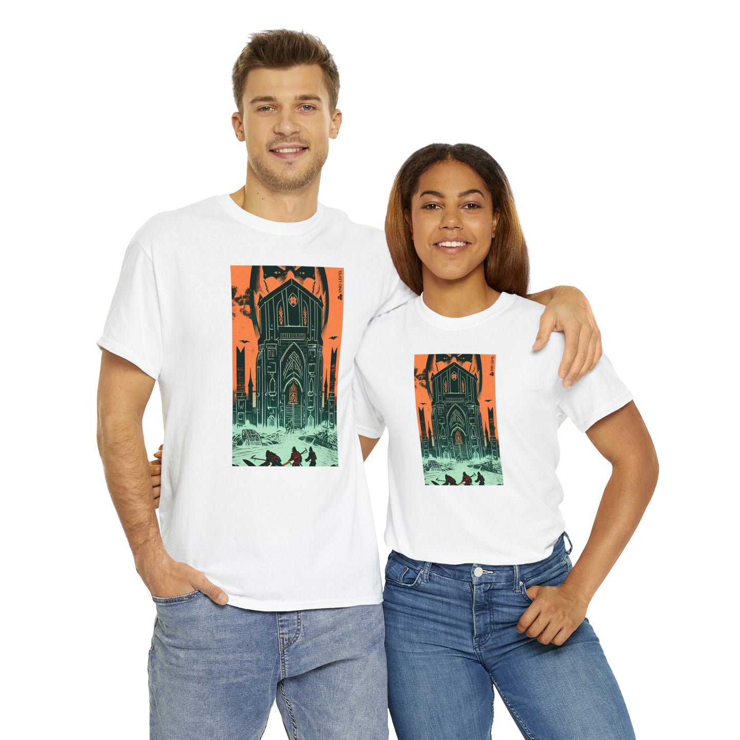 Couple wearing Sorcerer's Tower white tee embracing each other.