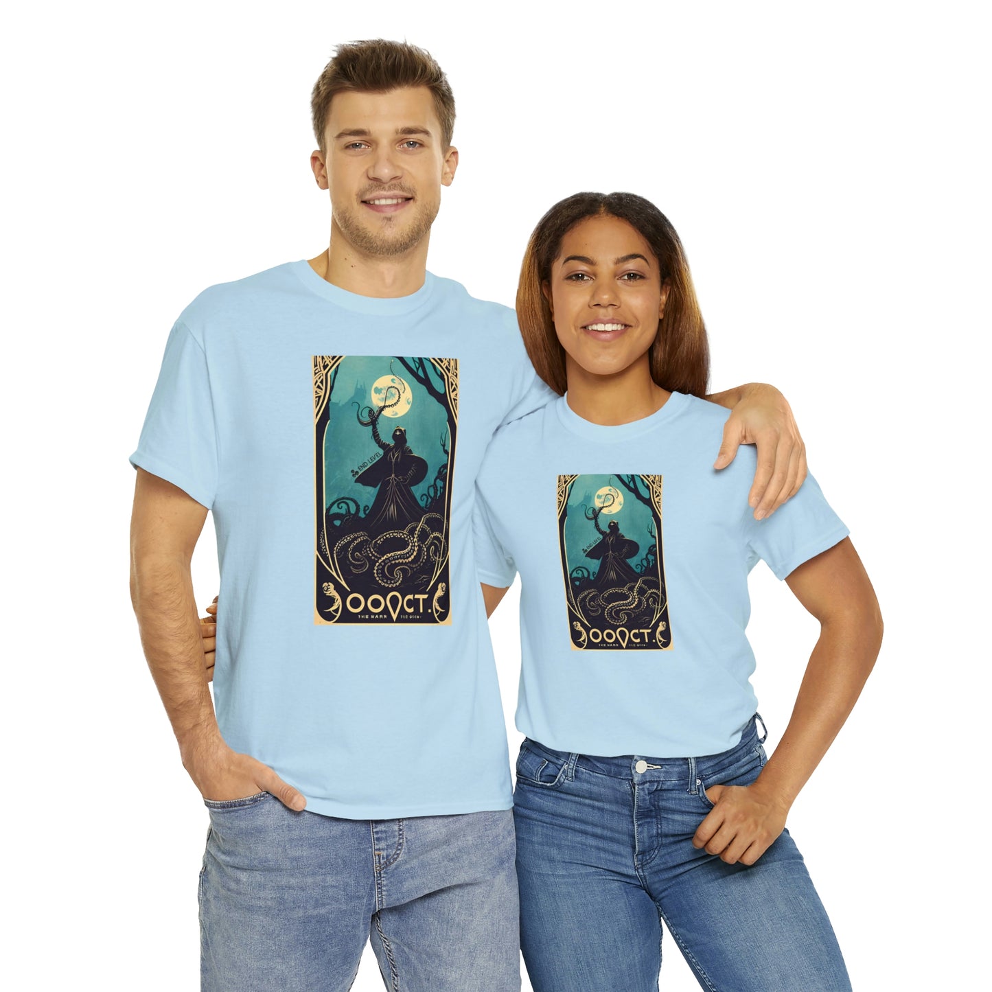 Couple wearing Squid Wizard light blue tee embracing each other.