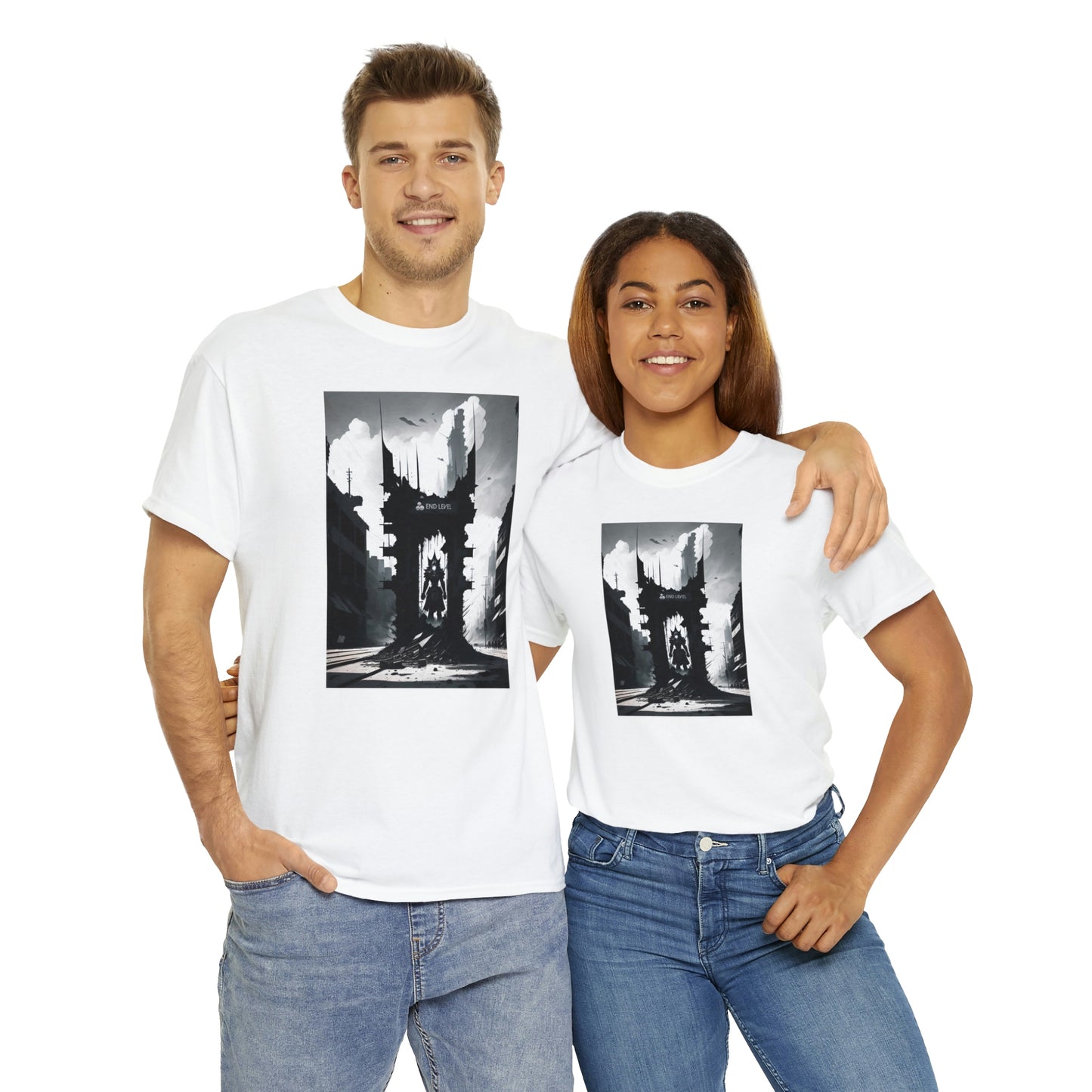 Couple wearing The Visitor white tee embracing each other.