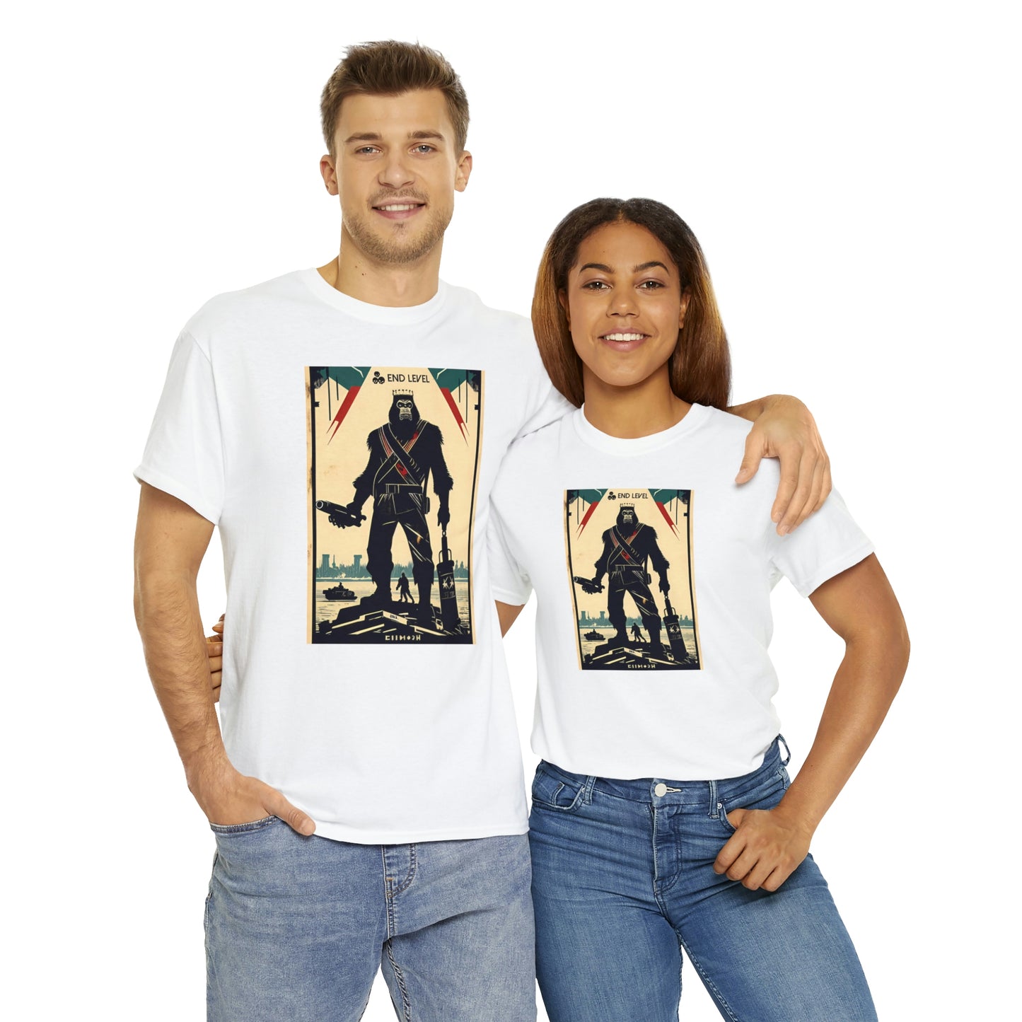 Couple wearing Ape-Man white tee embracing each other.