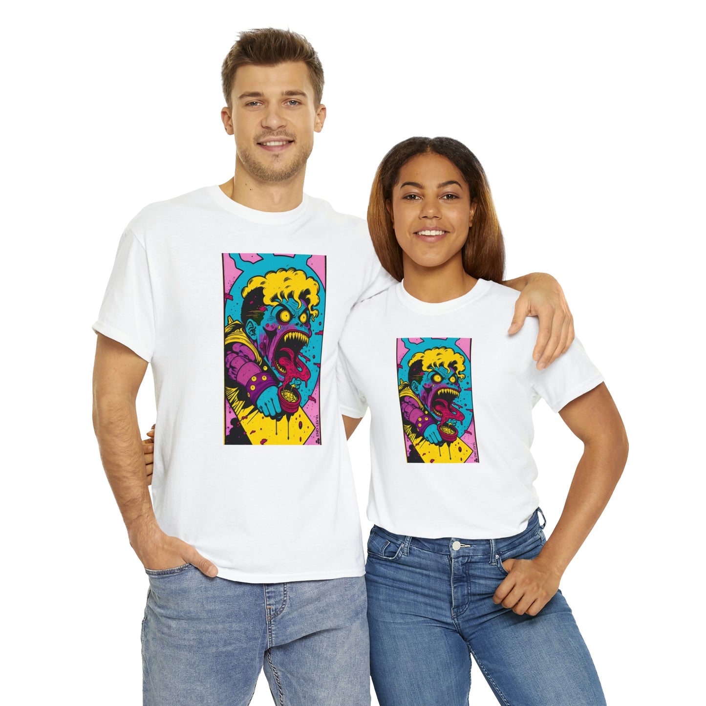 Couple wearing white Eat Yo Veggies tee embracing each other.