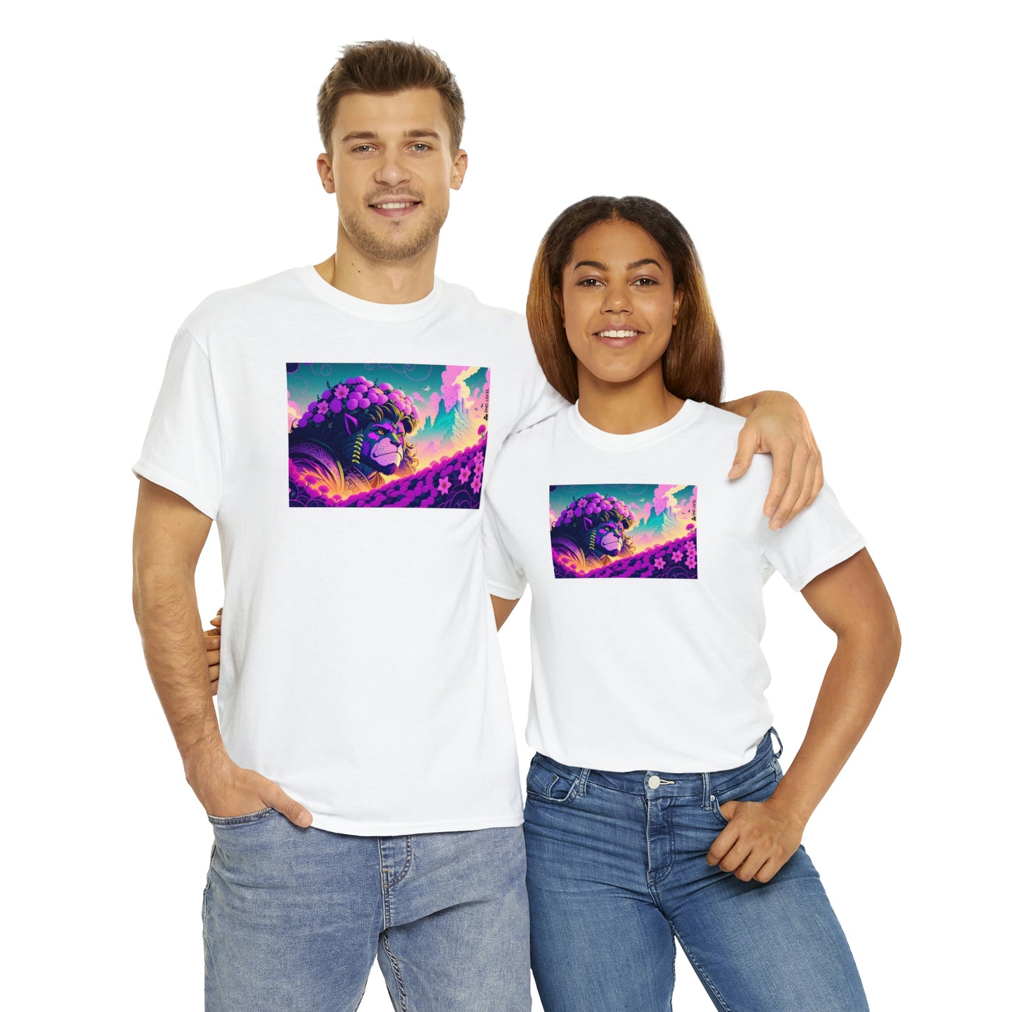 Couple wearing white King Blossom tee embracing each other.