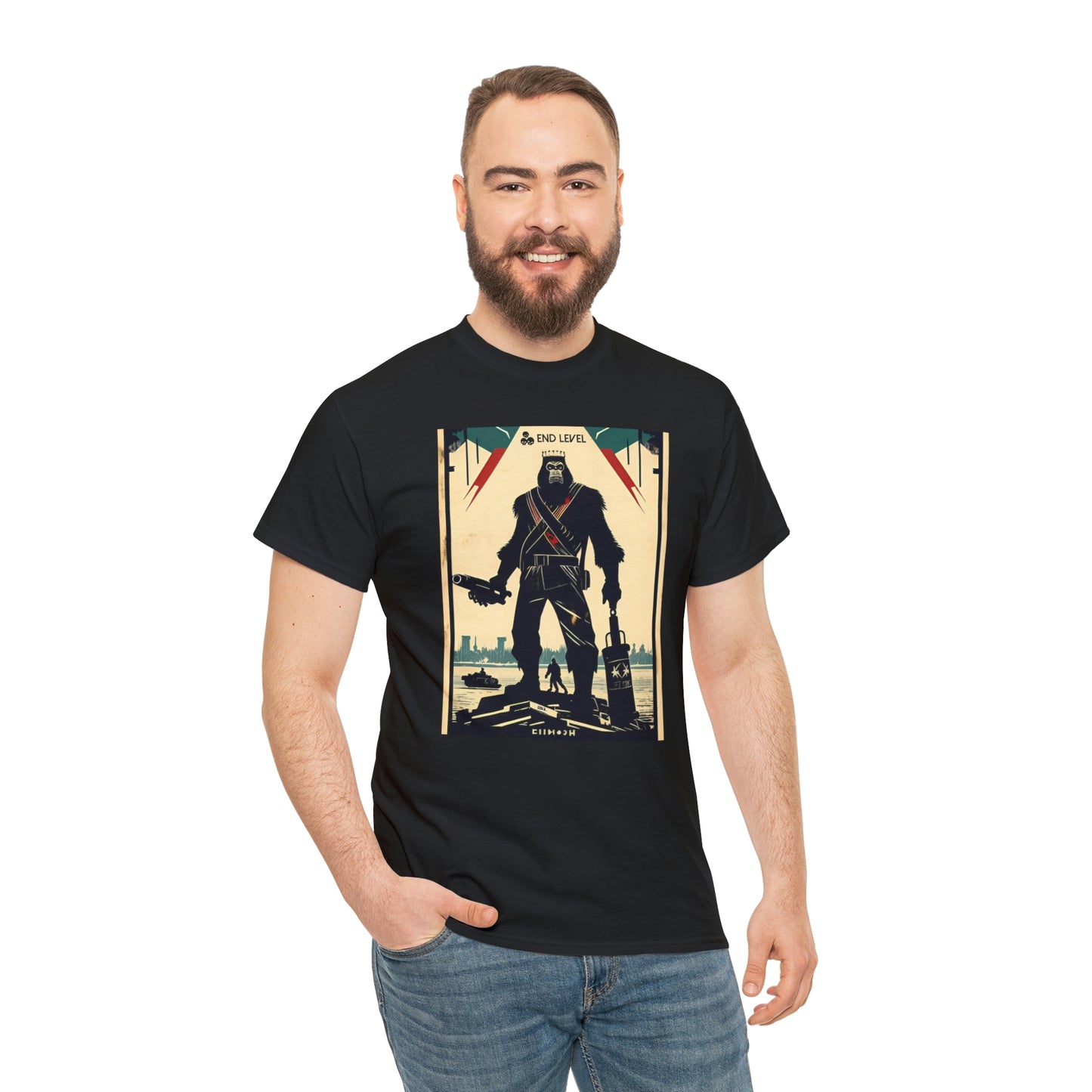 Man wearing Ape-Man black tee with hand in right pocket.