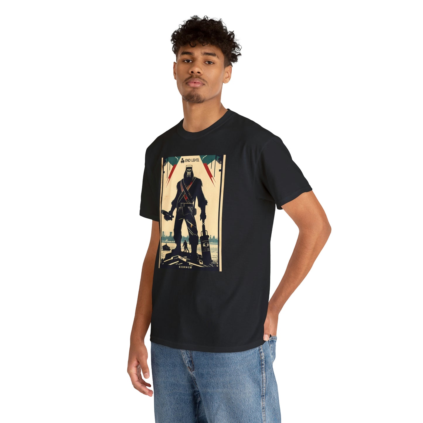 Man wearing Ape-Man black tee with hand in back pocket.