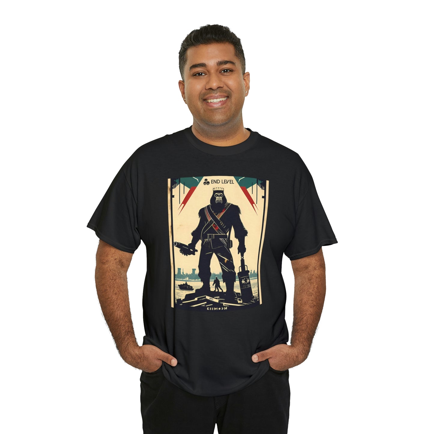 Man wearing Ape-Man black tee with hands in pockets.