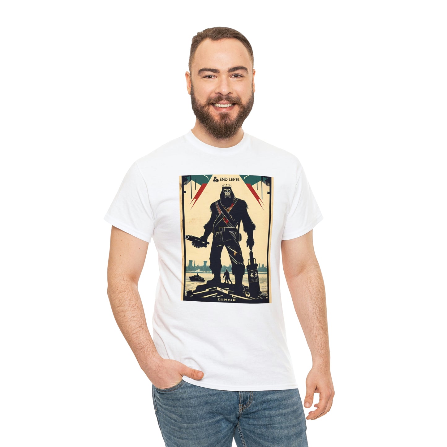 Man wearing Ape-Man white tee with hand in right pocket.