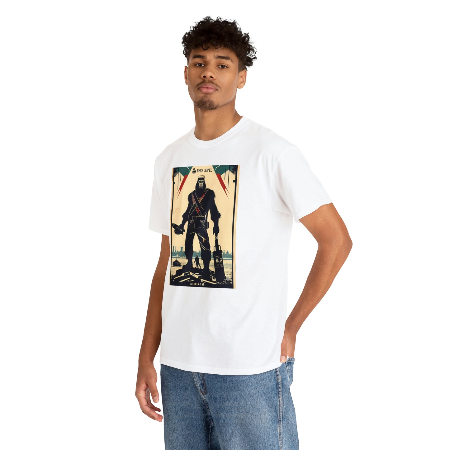 Man wearing Ape-Man white tee with hand in back pocket.