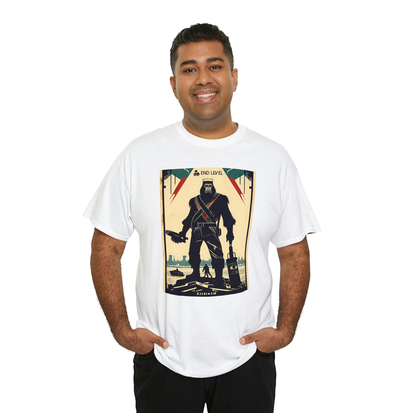 Man wearing Ape-Man white tee with hands in pockets.