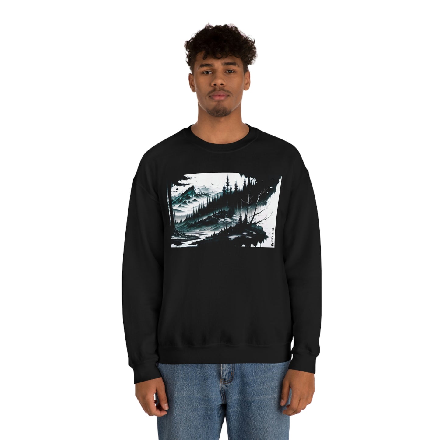 Man wearing black Grim Peak sweatshirt with blue jeans.
