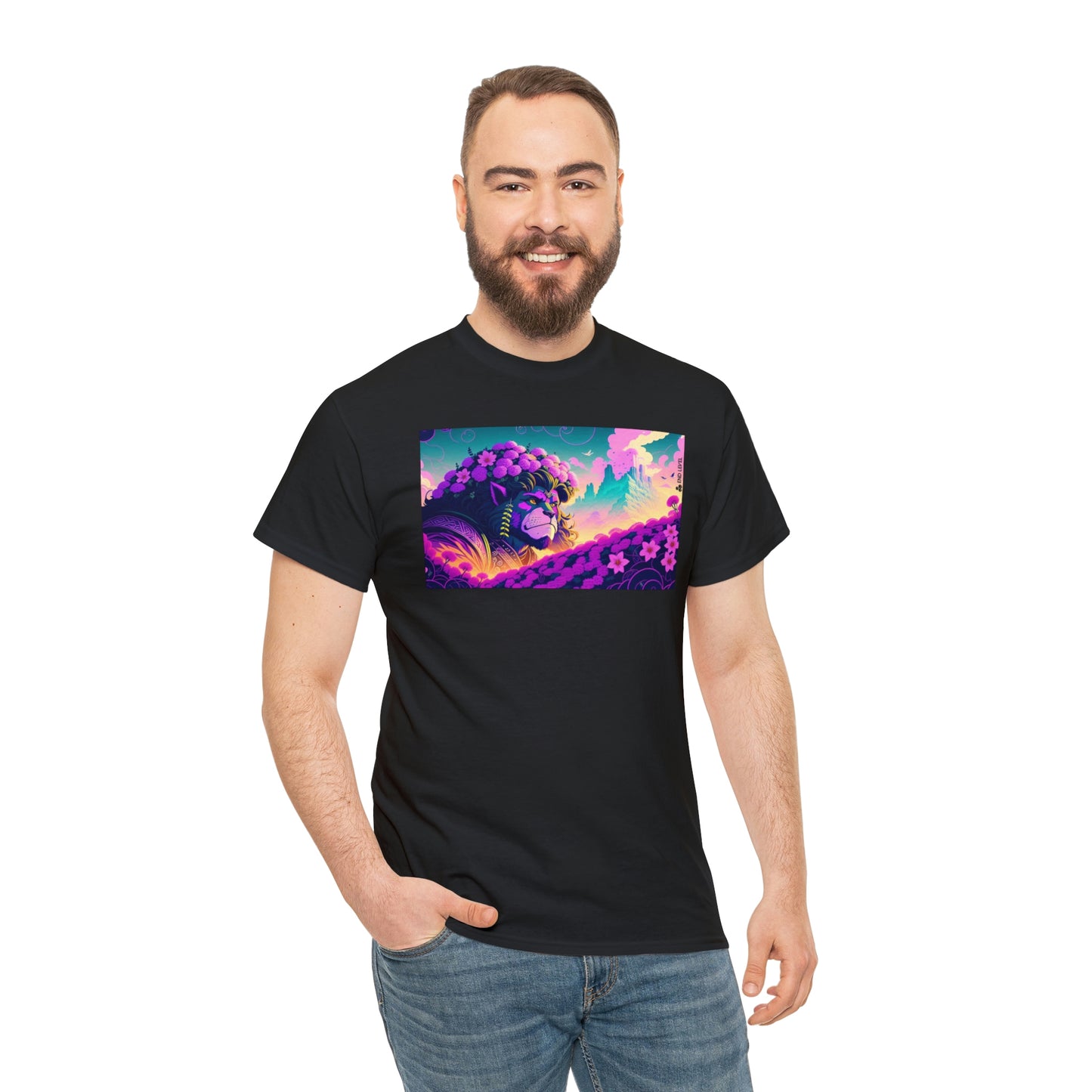 Man wearing black King Blossom tee with hand in right pocket.