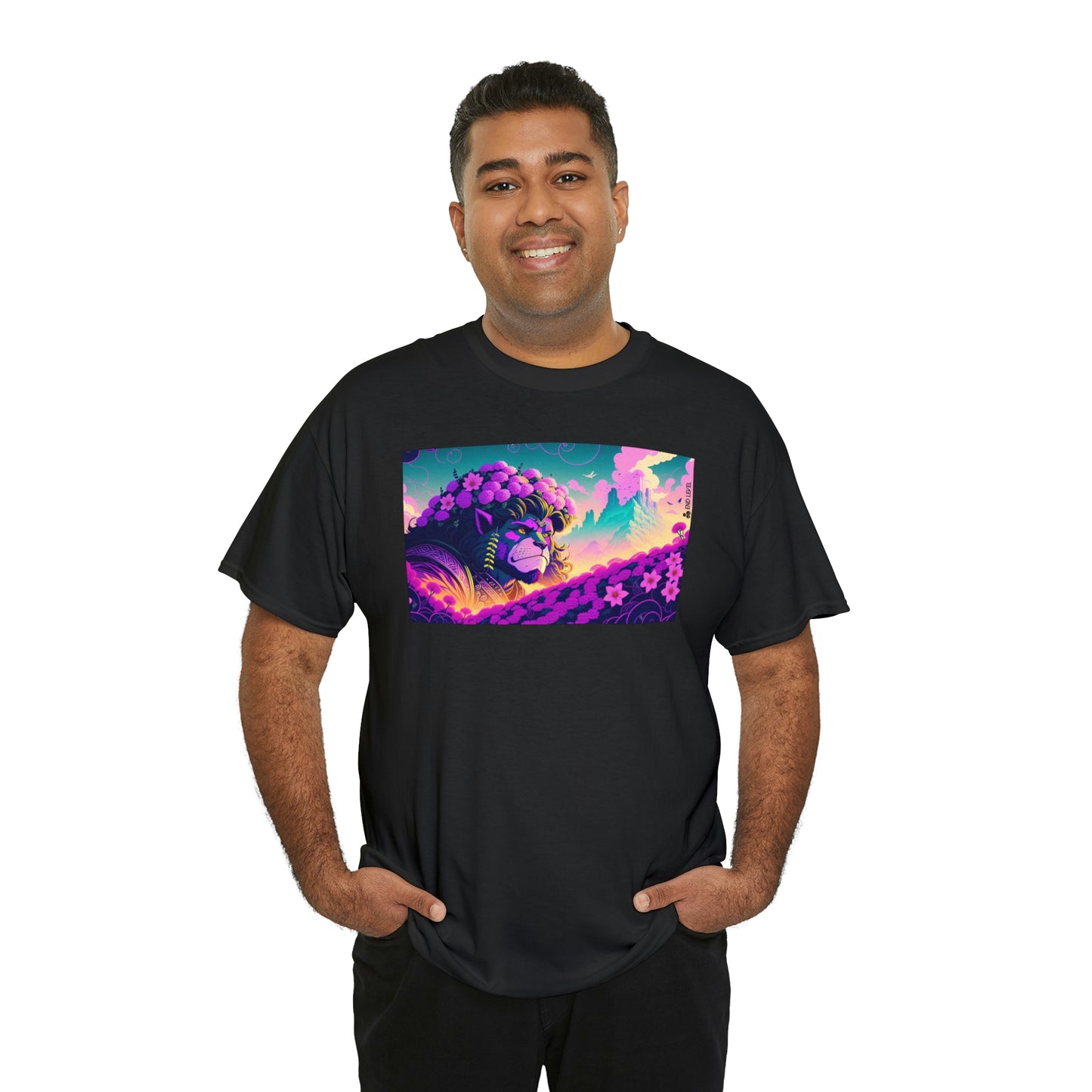 Man wearing black King Blossom tee with hands in pockets.