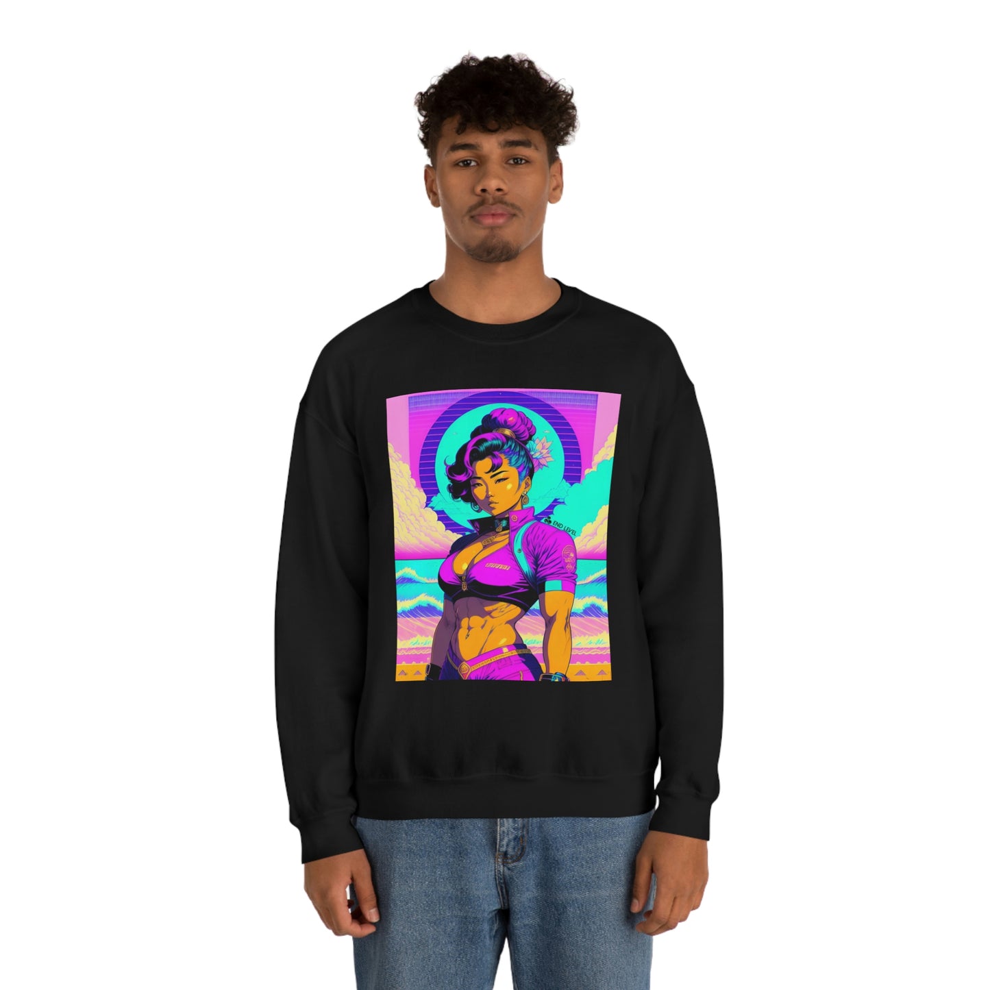 Man wearing black Lady Lotus sweatshirt with blue jeans.