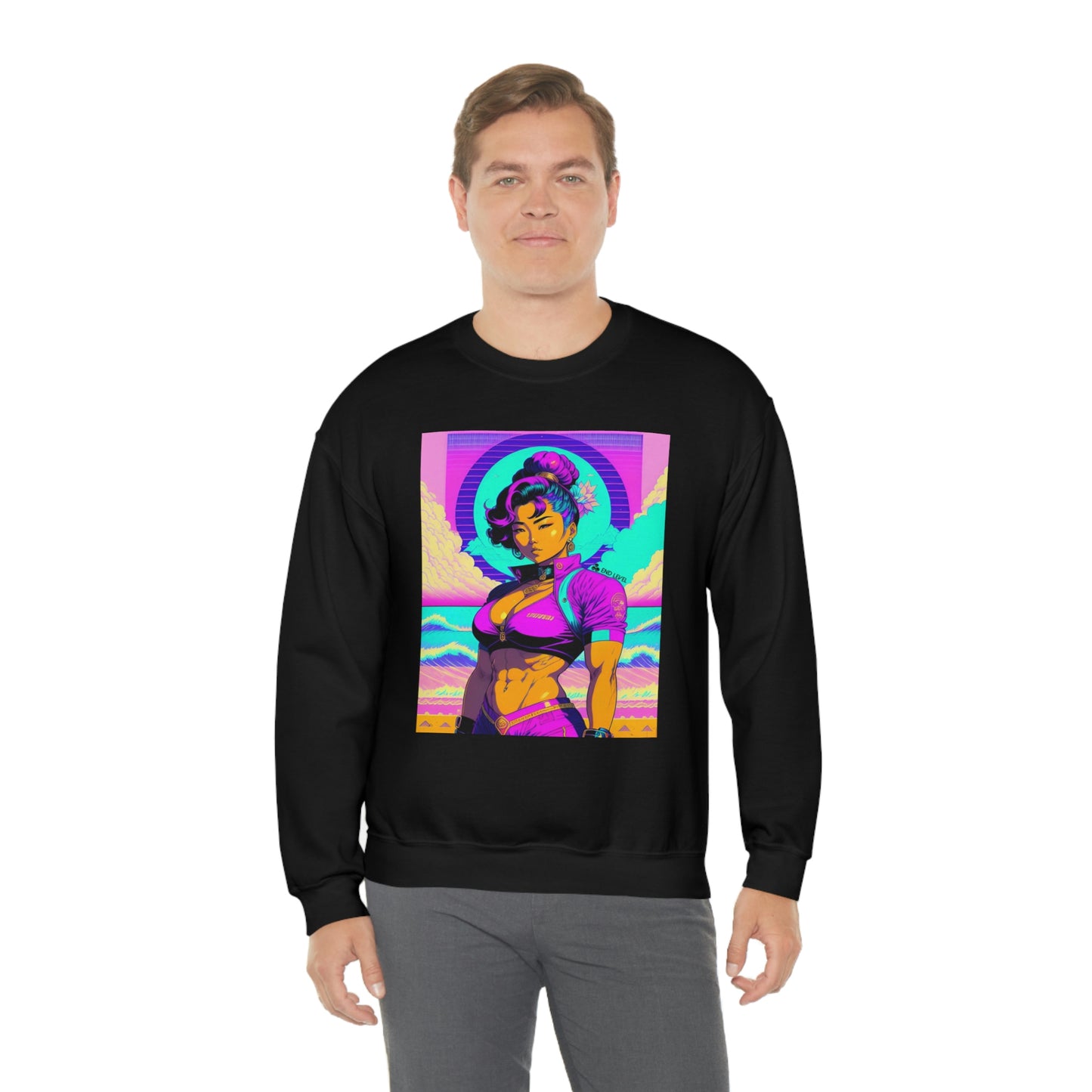 Man wearing black Lady Lotus sweatshirt with grey pants.