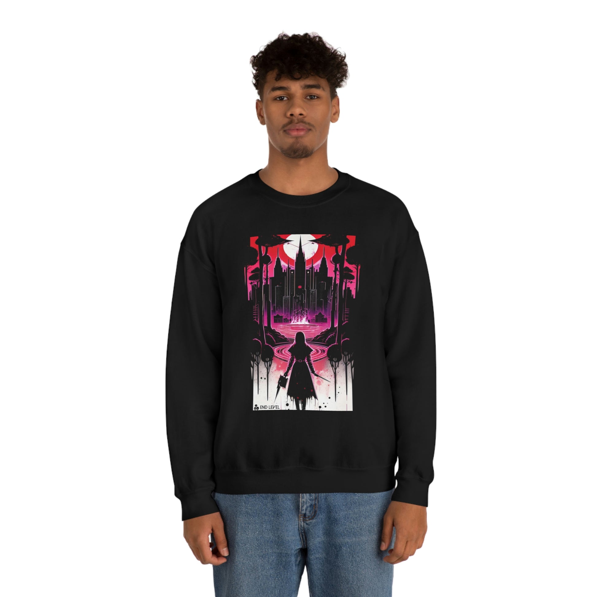 Man wearing black Night Of Malice sweatshirt with blue jeans.