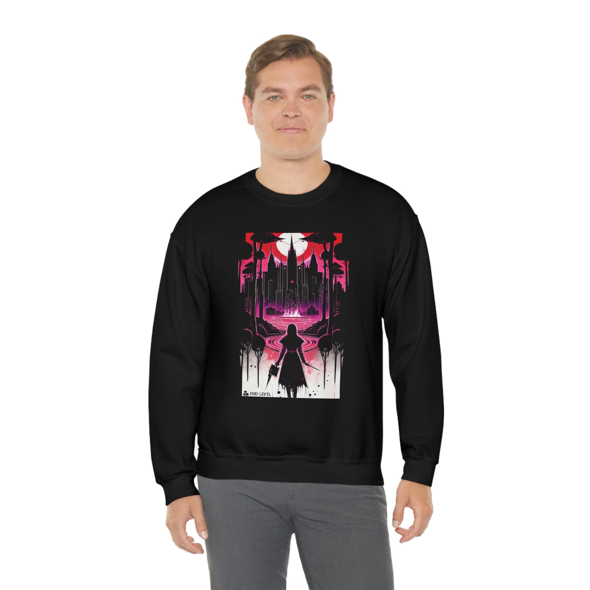 Man wearing black Night Of Malice sweatshirt with grey pants.
