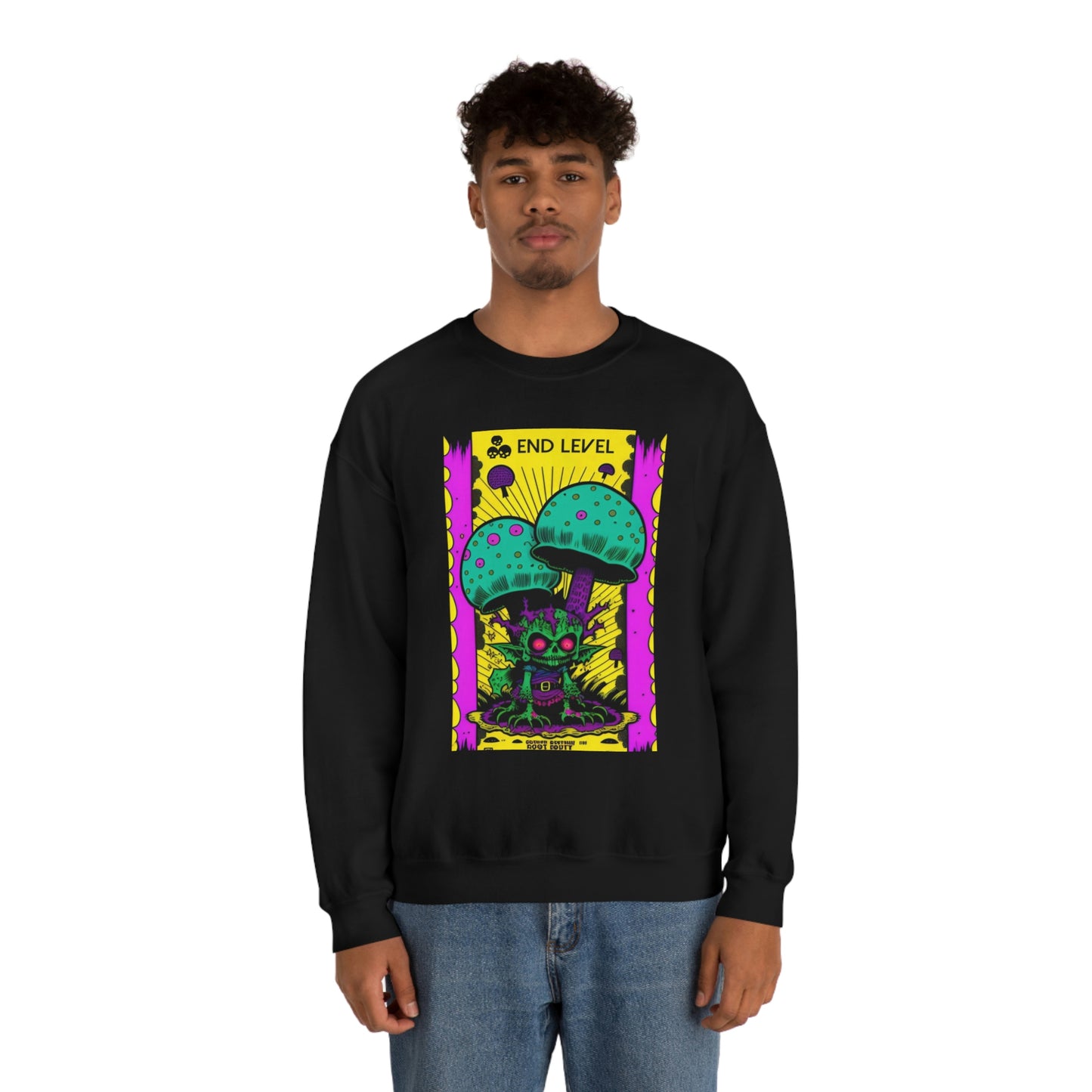Man wearing black Tea Time sweatshirt with blue jeans.