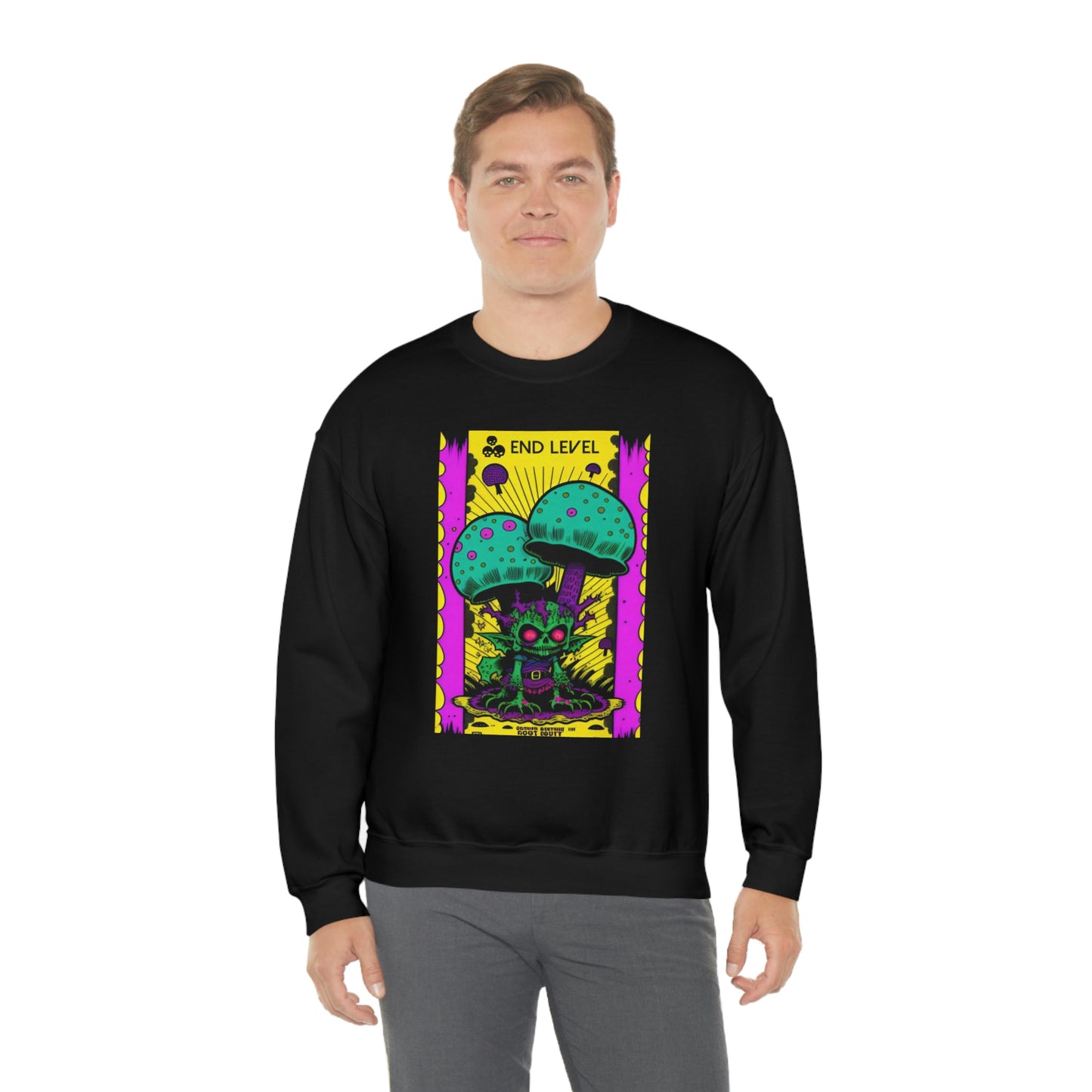 Man wearing black Tea Time sweatshirt with grey pants.