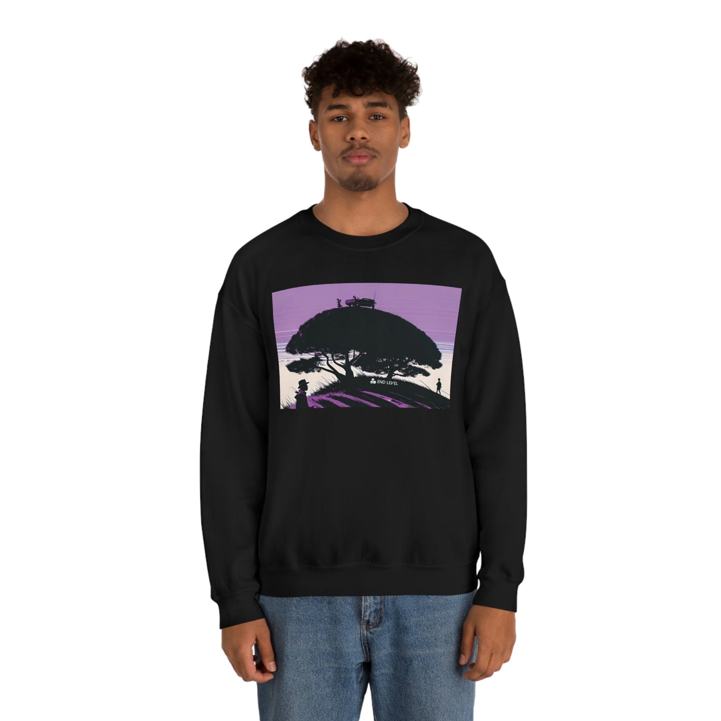 Man wearing black Tough Parking sweatshirt with blue jeans.