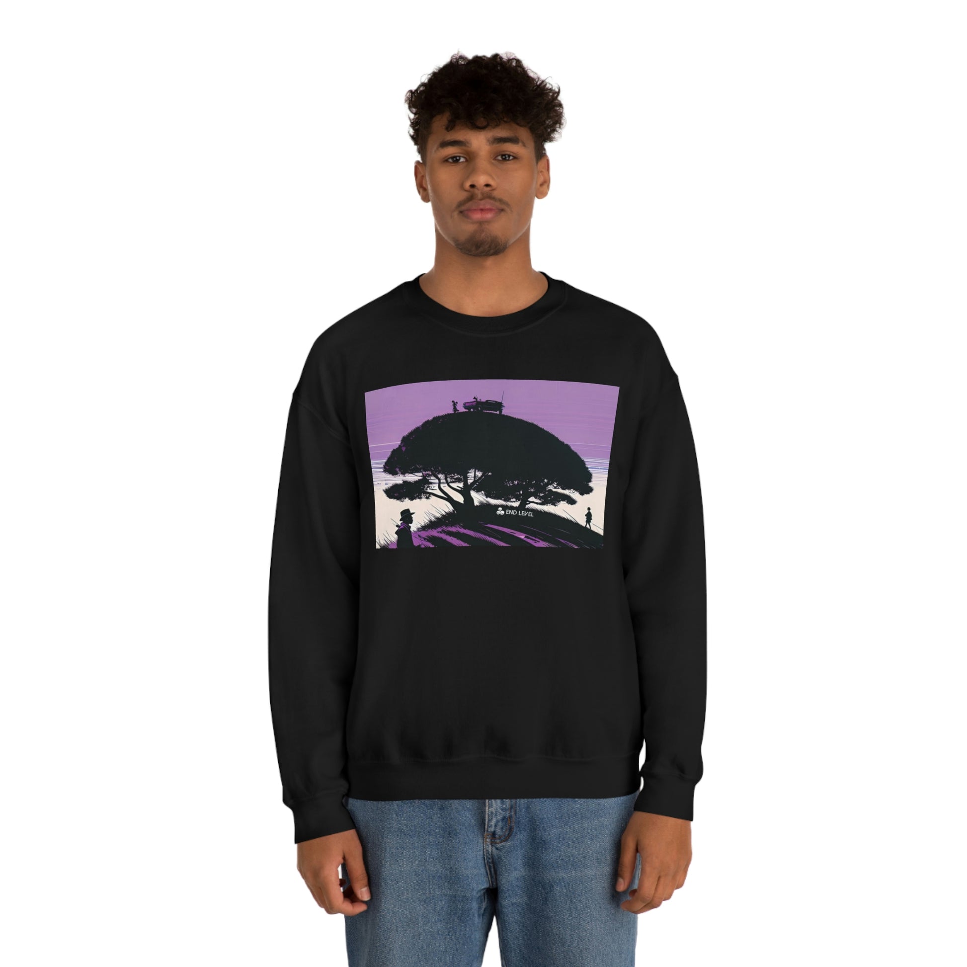 Man wearing black Tough Parking sweatshirt with blue jeans.