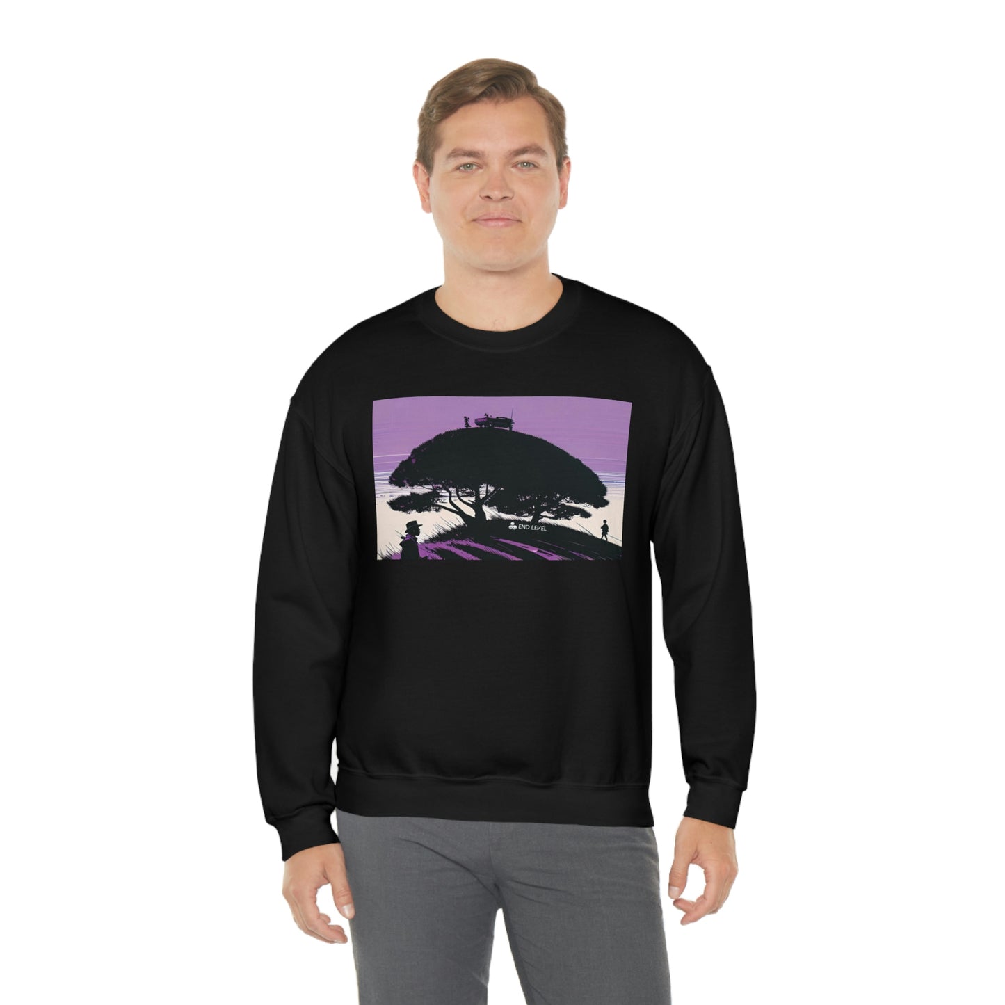 Man wearing black Tough Parking sweatshirt with grey pants.