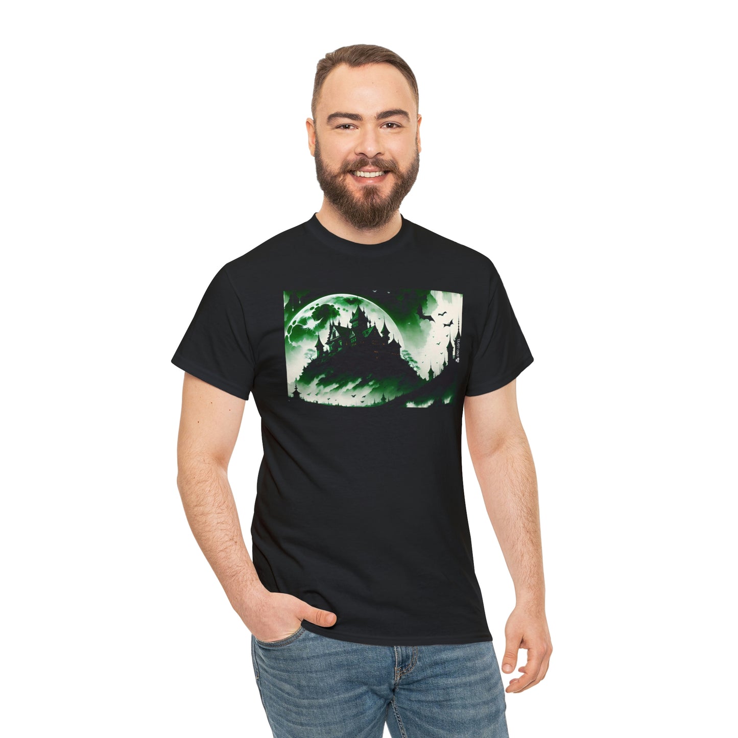 Man wearing Count's Cliff black tee with hand in right pocket.