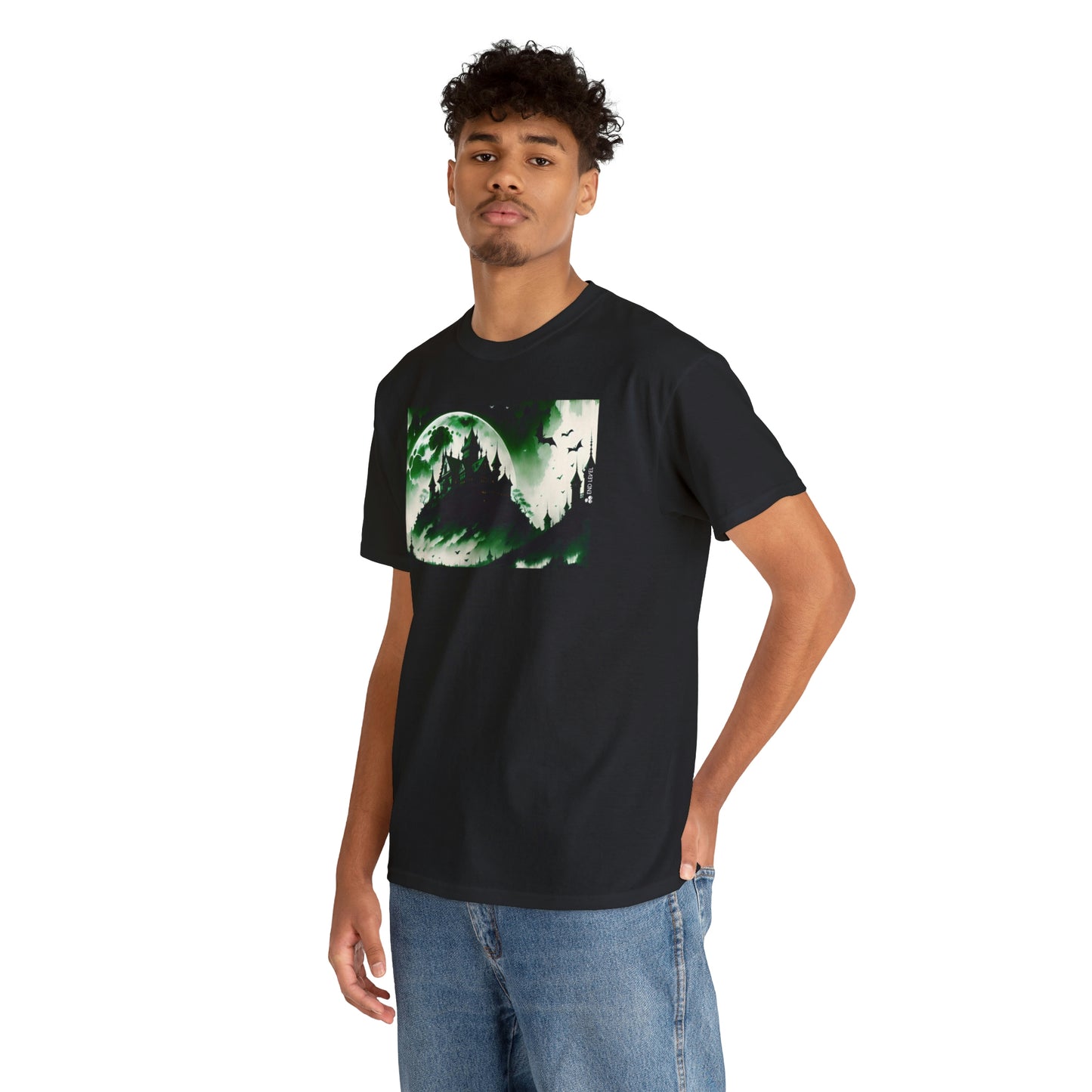 Man wearing Count's Cliff black tee with hand in back pocket.