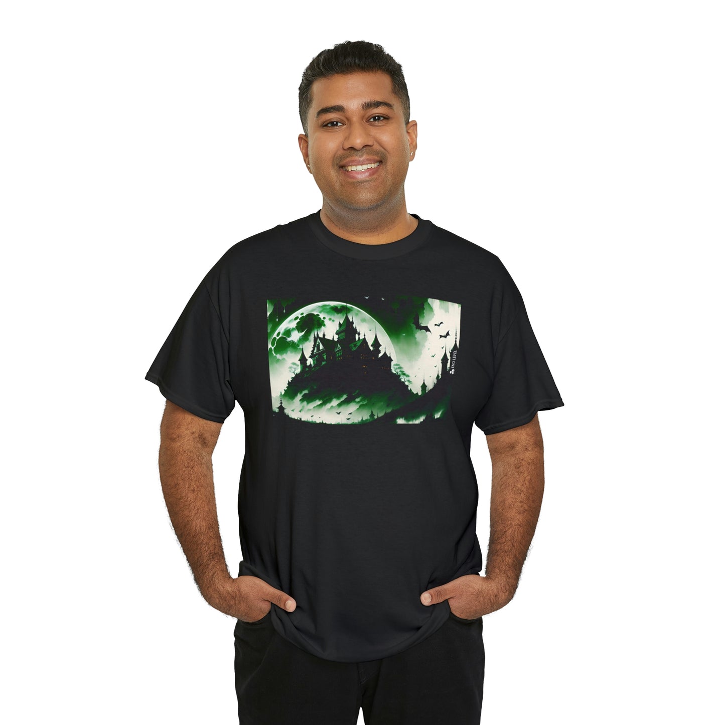 Man wearing Count's Cliff black tee with hands in pockets.