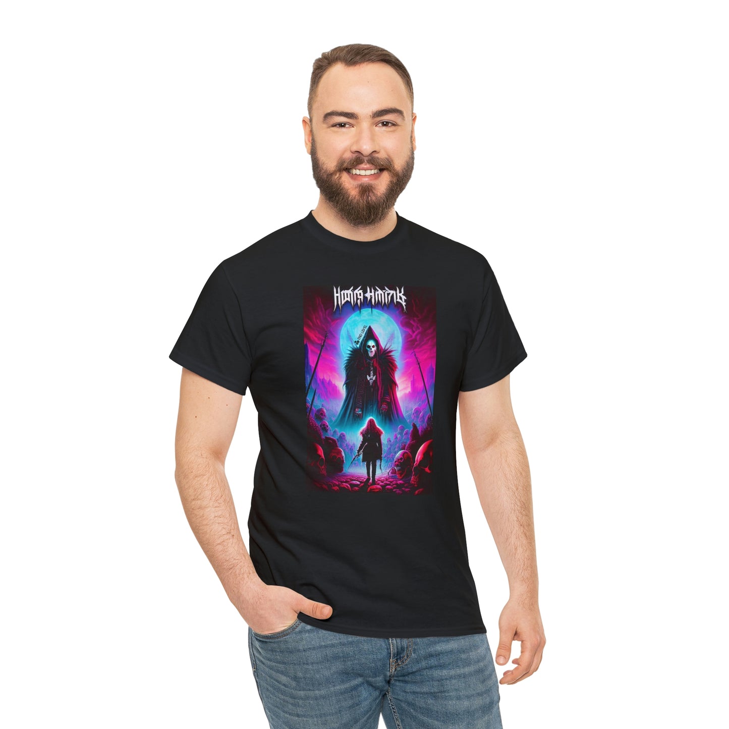 Man wearing Kul's Realm black tee with hand in right pocket.