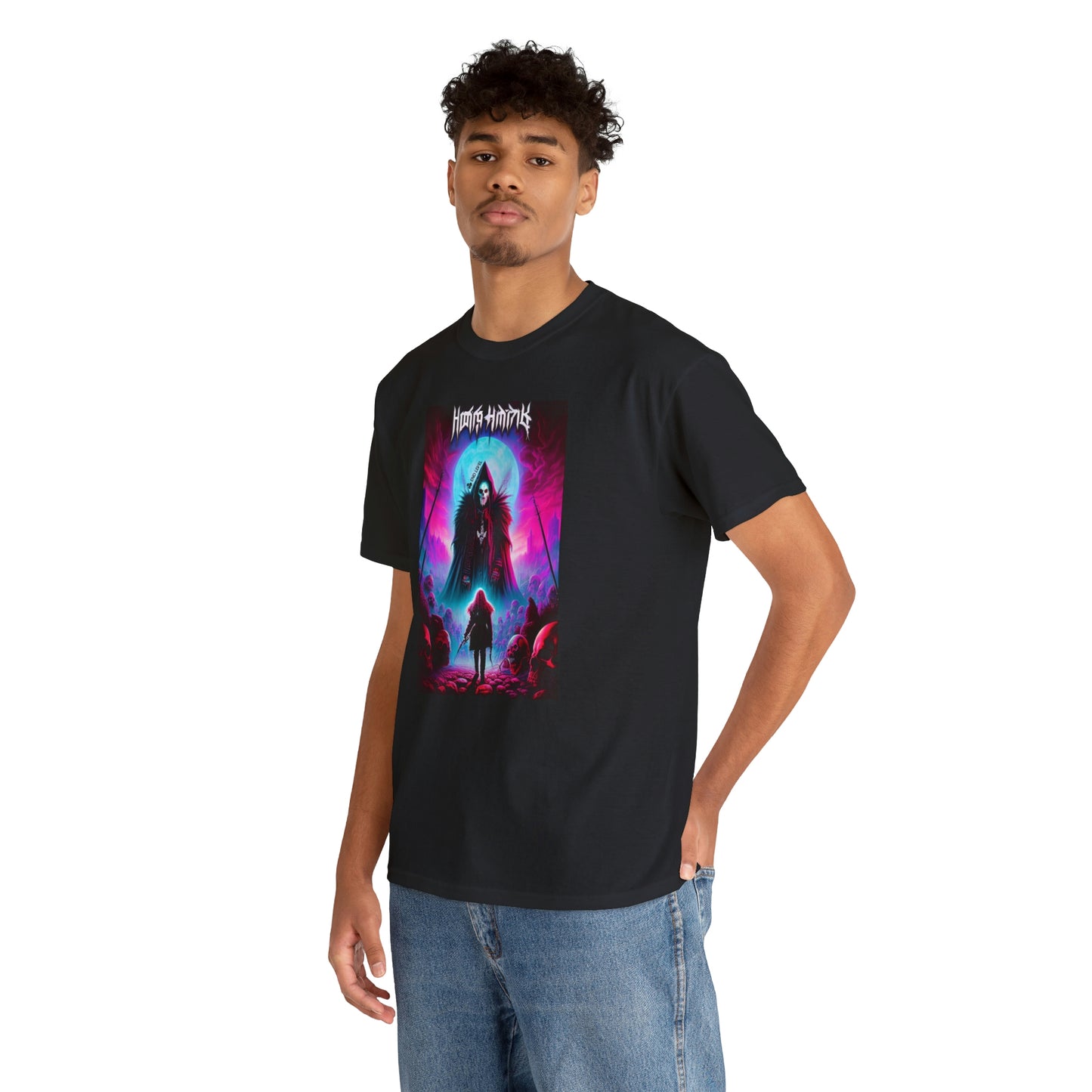 Man wearing Kul's Realm black tee with hand in back pocket.
