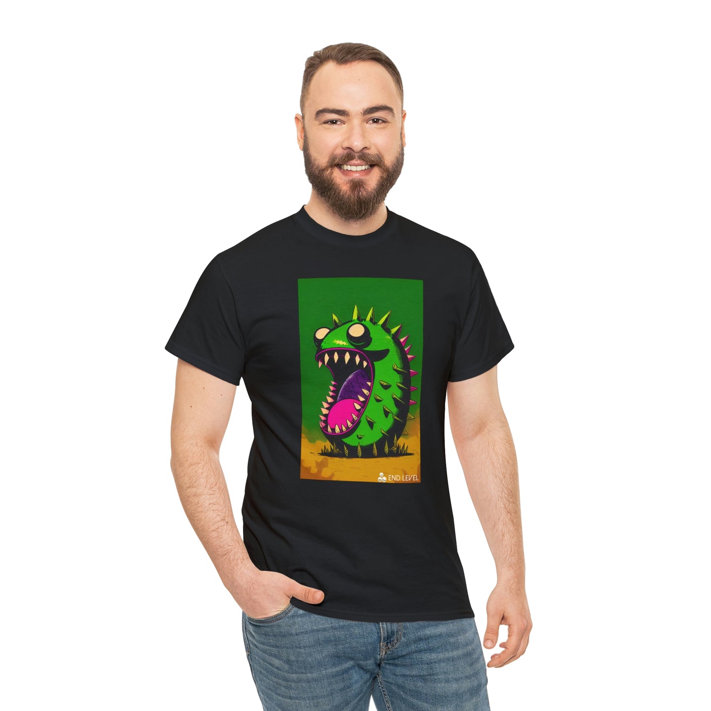 Man wearing Mighty Zook black tee with hand in right pocket.