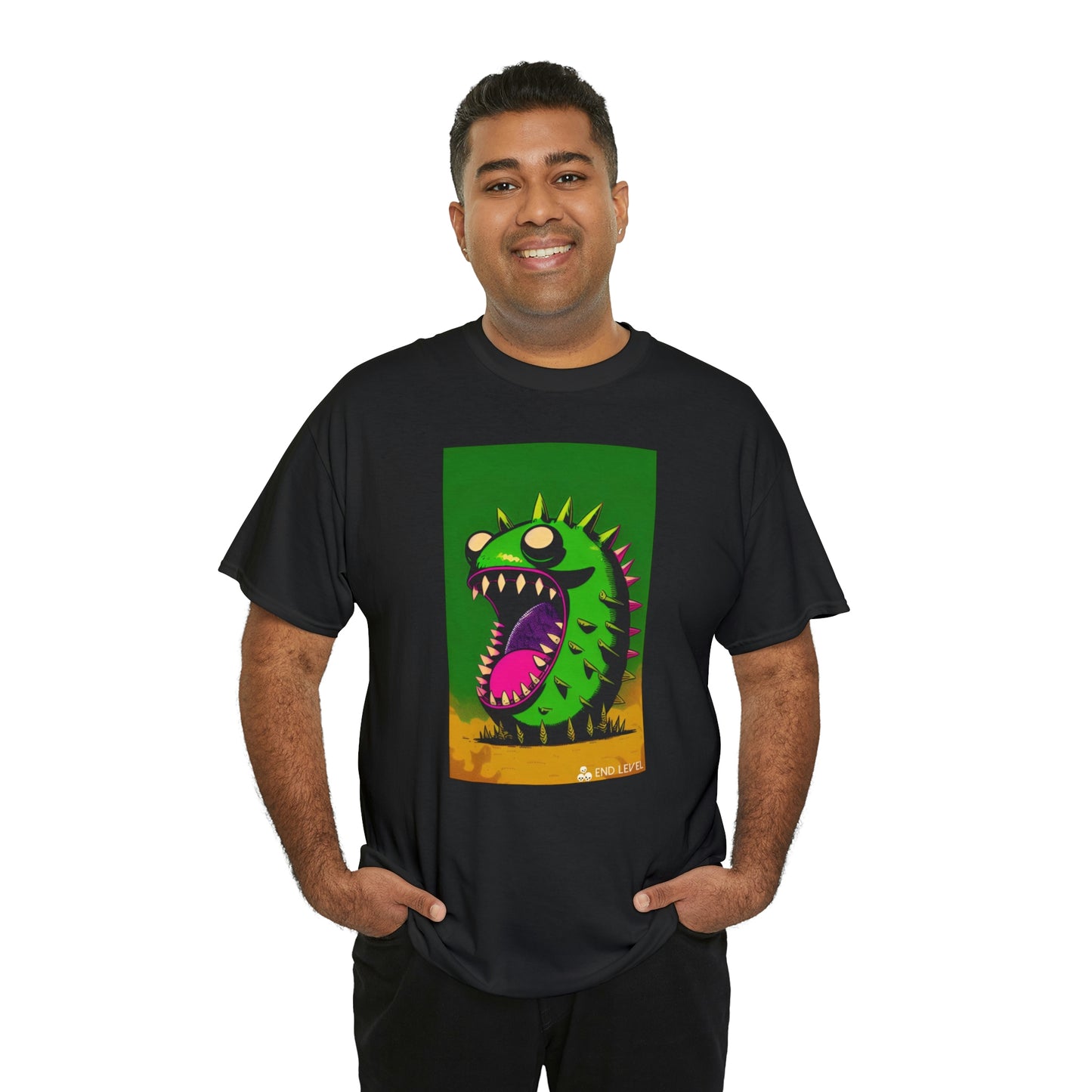 Man wearing Mighty Zook black tee with hands in pockets.