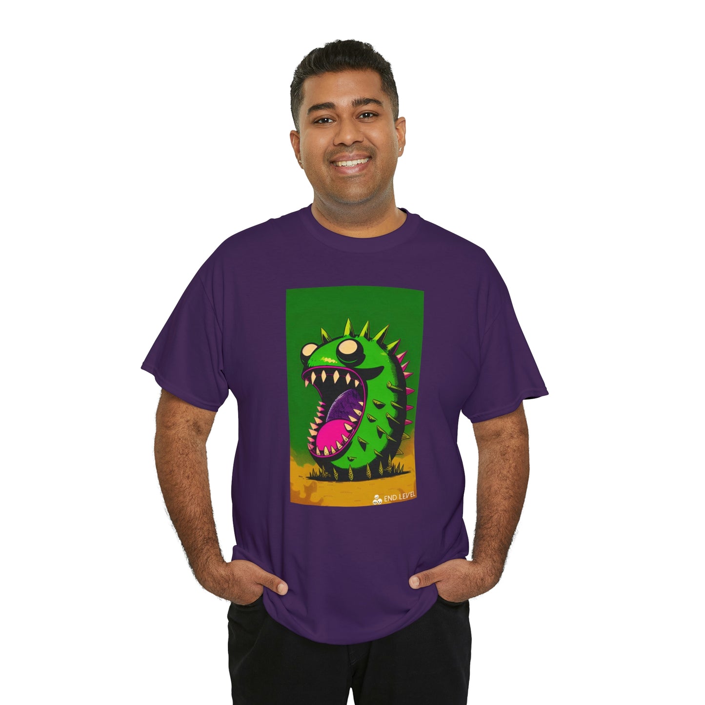 Man wearing Mighty Zook purple tee with hands in pockets.