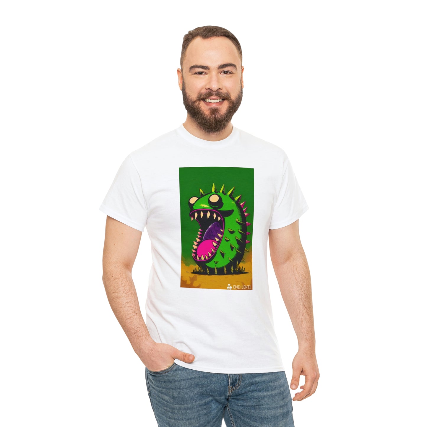 Man wearing Mighty Zook white tee with hand in right pocket.